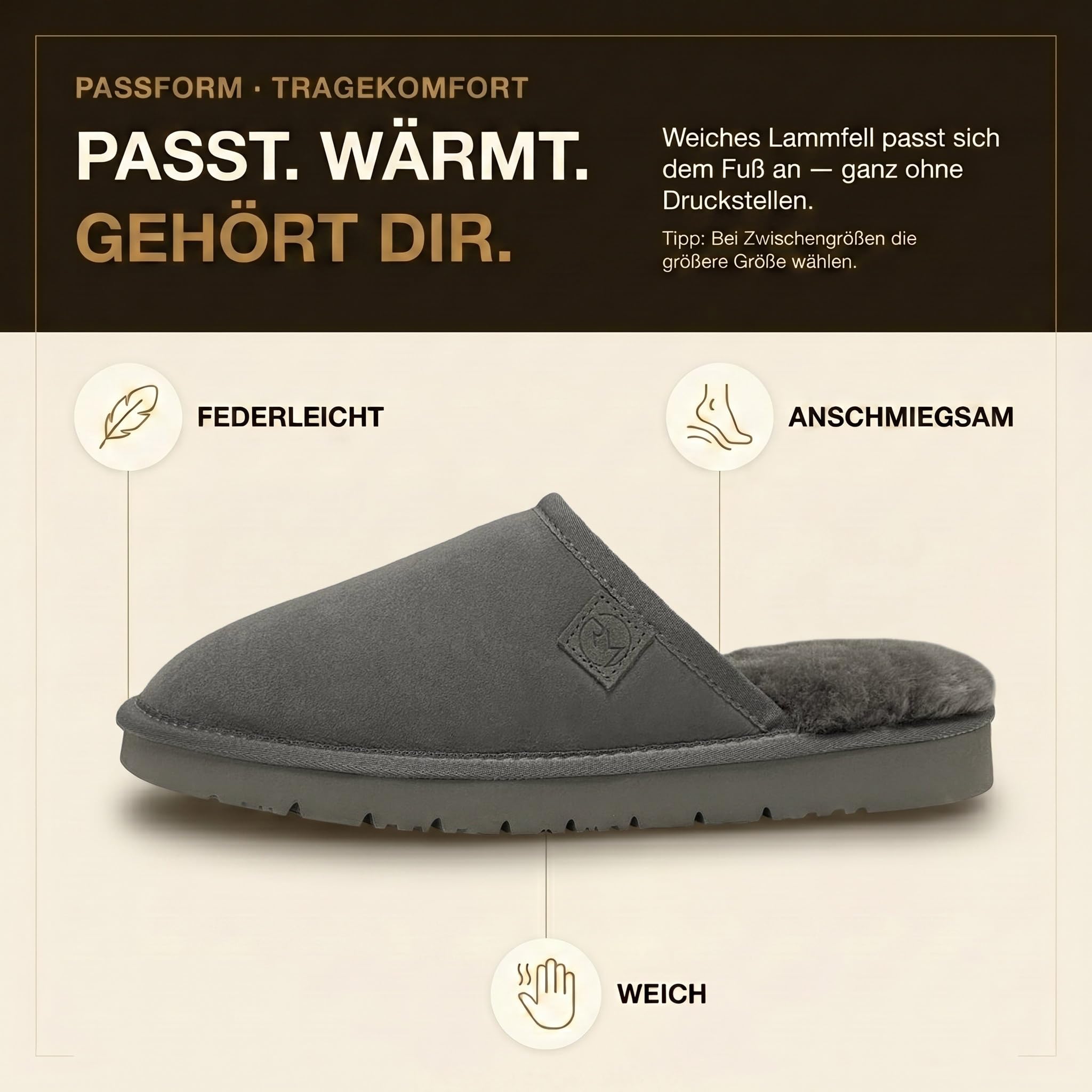 Rohn Moden Lammfell Hausschuhe Herren – Loisl – Warme Hausschuhe Herren mit Schaffell & rutschfester EVA-Sohle – Winter Pantoffeln für zuhause – Slipper gefüttert - Braun Grau