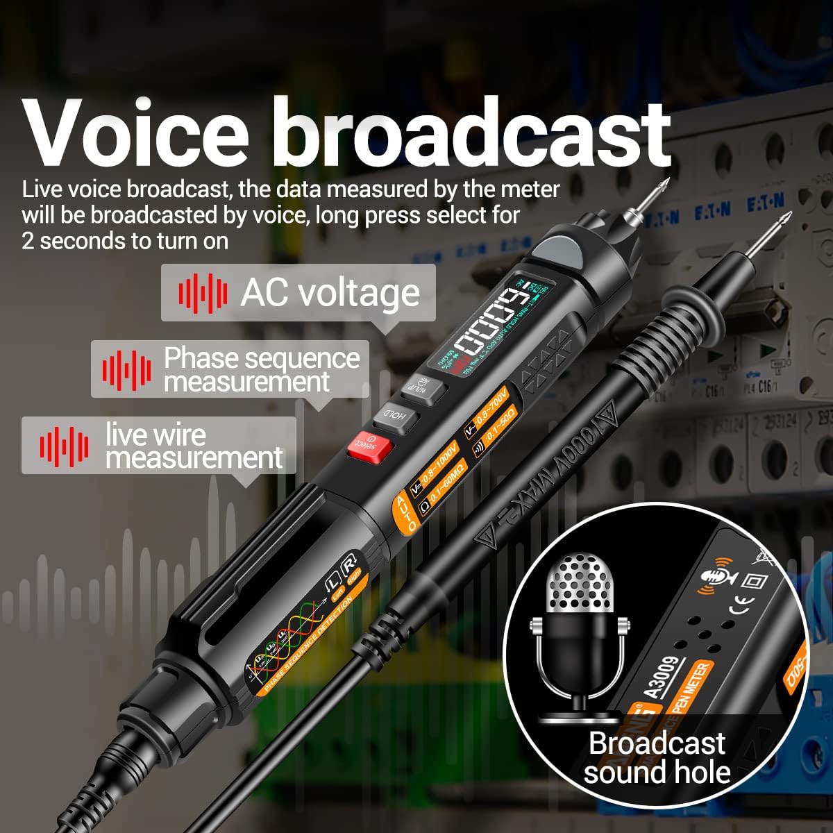 A3009 Mini Pen Multimeter with Voice Broadcast 6000 Counts Voltmeter VA Reverse LCD Display Flash NCV Tester for Vole Resistance acitance Temperature On/Off Diode Phase Sequence