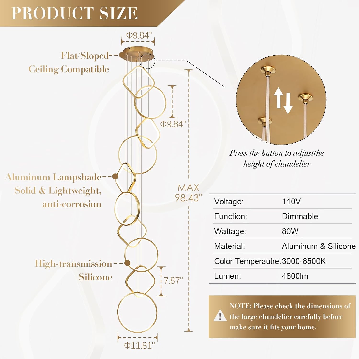 Gold High Ceiling Chandelier 10 Rings Modern LED Chandeliers Long Chandelier for Entryway Dimmable Staircase Flush Mount Chandeliers for Living Room, 3000-6500K