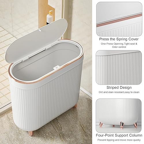 Miniatura 10 de Papelera de baño con tapa, 3.1 galón12 litros, contenedor de basura delgado rectangular de plástico estrecho para sala de estar, cocina, inodoro,