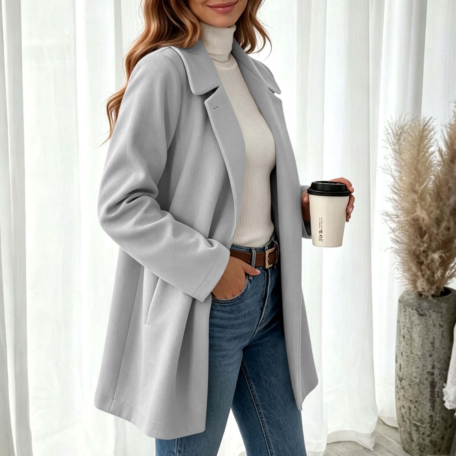Wollmantel Damen Winter Wollwalk Jacke Mittellang Wool Coat Casual