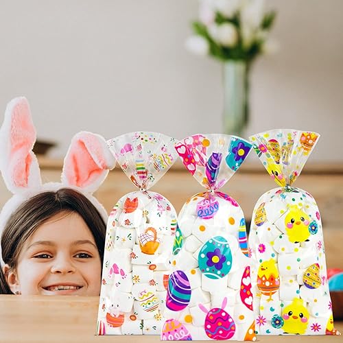 Miniatura 3 de GITMIWS 150 bolsas de celofán de Pascua, bolsas de dulces de regalo de Pascua con lazos para niños, suministros de recuerdos de fiesta (3 estilos