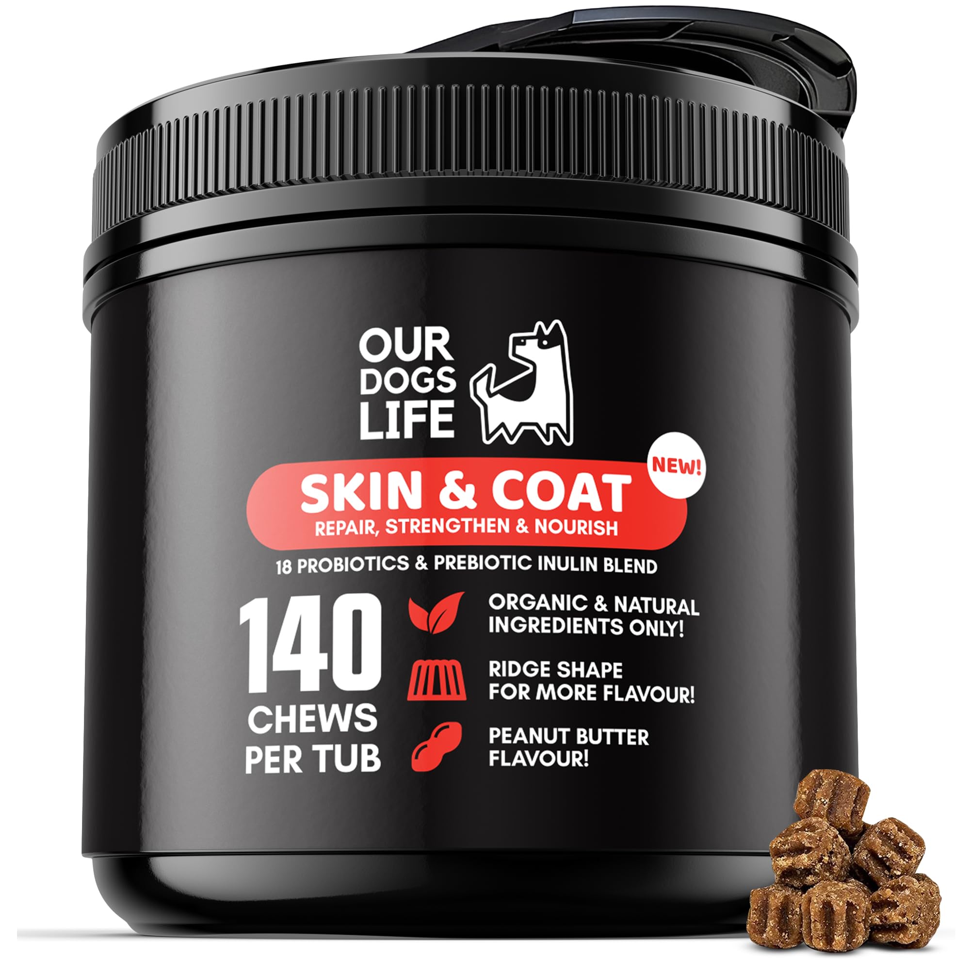 Complément Alimentaire Chien Peau et Pelage | 140 Comprimés | Oméga 3-6, Biotine, Huile de Saumon | Anti-Démangeaisons | Brillance Poil | Toutes Races | DogsLife