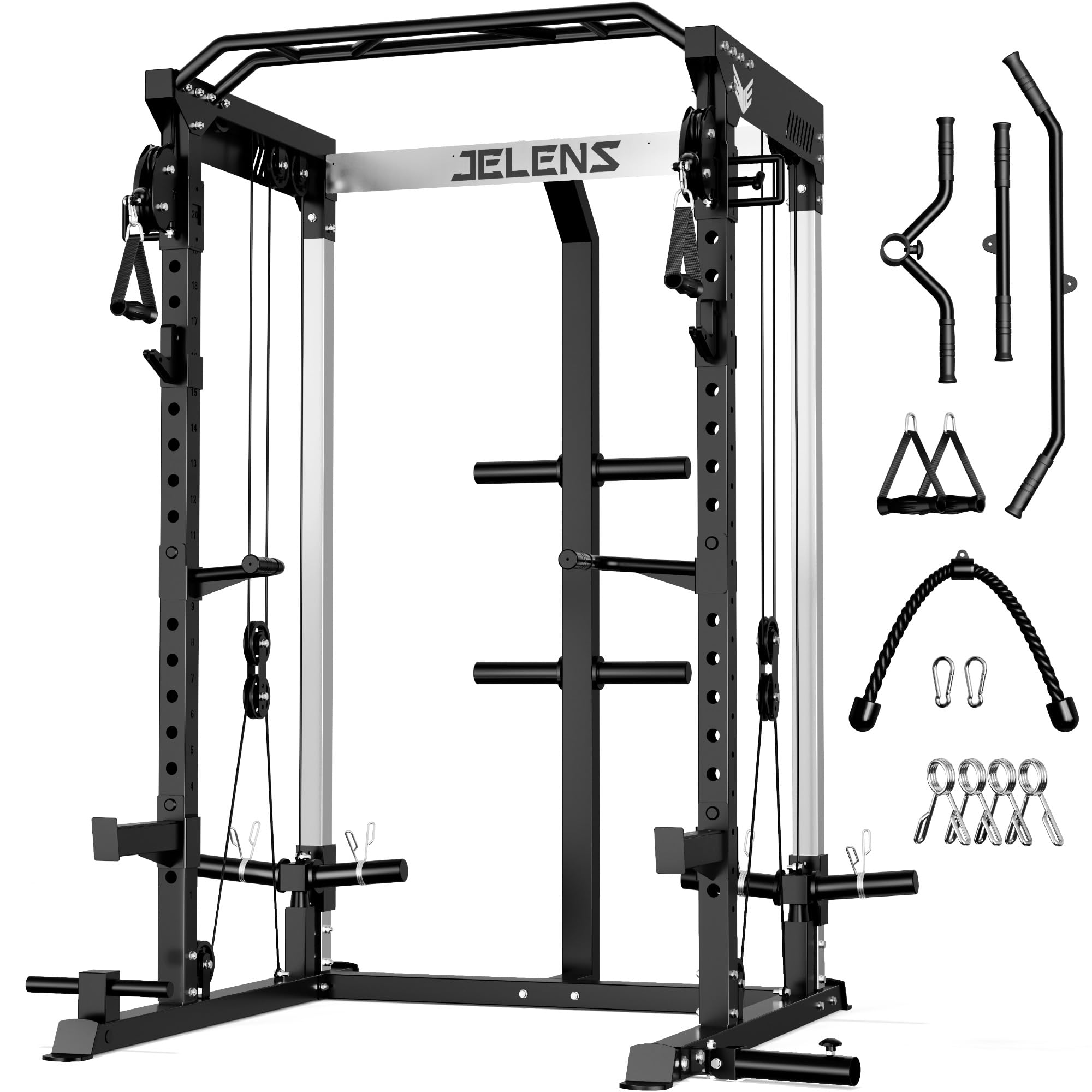 JELENS C21 Power Cage, 2000LBS Multi-Function Power Rack with Independent Dual Pulley System, All-in-One Squat Rack for Cable Crossover, Home Gym Workout Machine