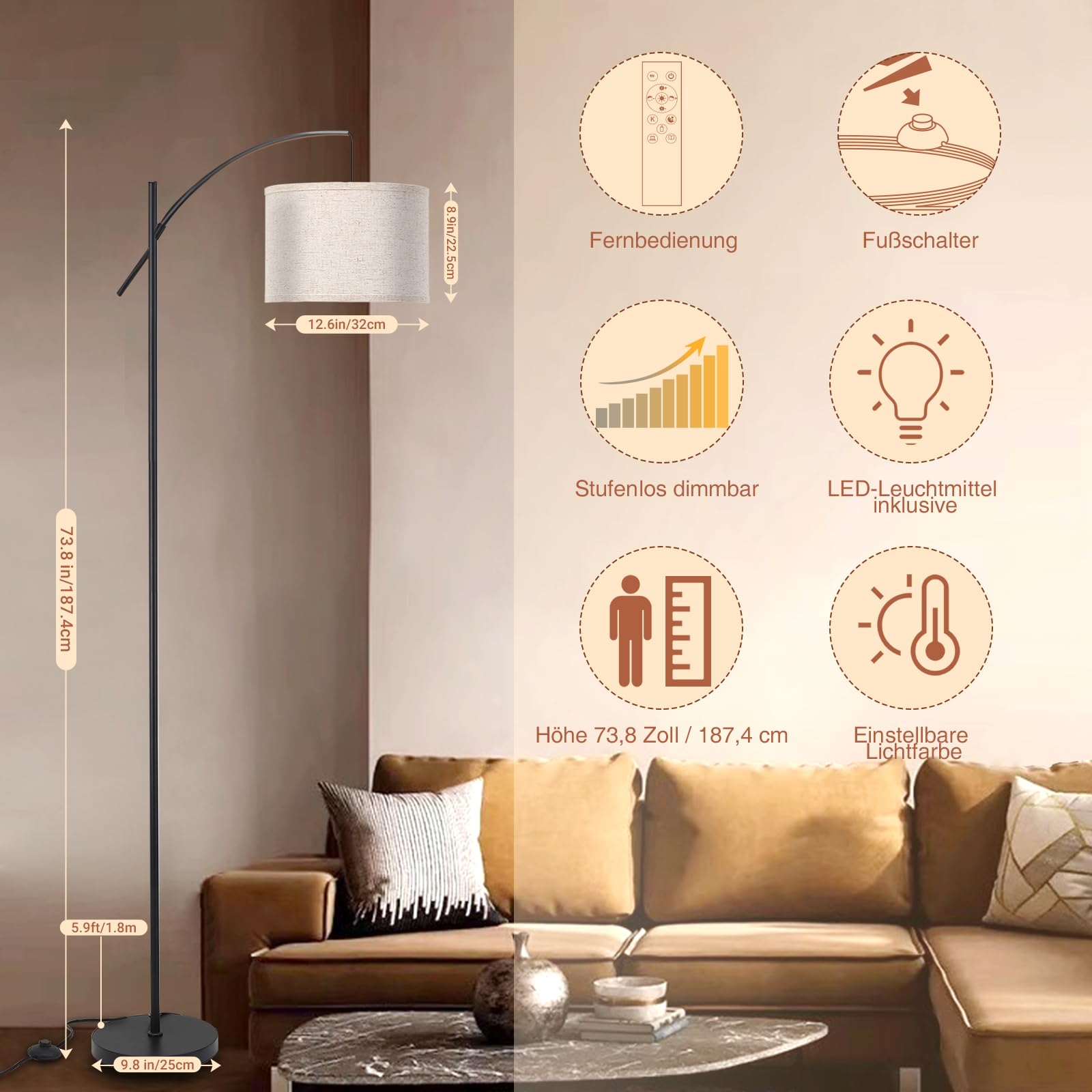 FIMEI Bogen-Stehlampe fürs Wohnzimmer, 187.4cm, dimmbare LED, stufenlos einstellbare Farbtemperatur, hohe Stehleuchte mit Trommelschirm, Fernbedienung, 9W LED-Birne, ideal für Lesen, Schlafzimmer