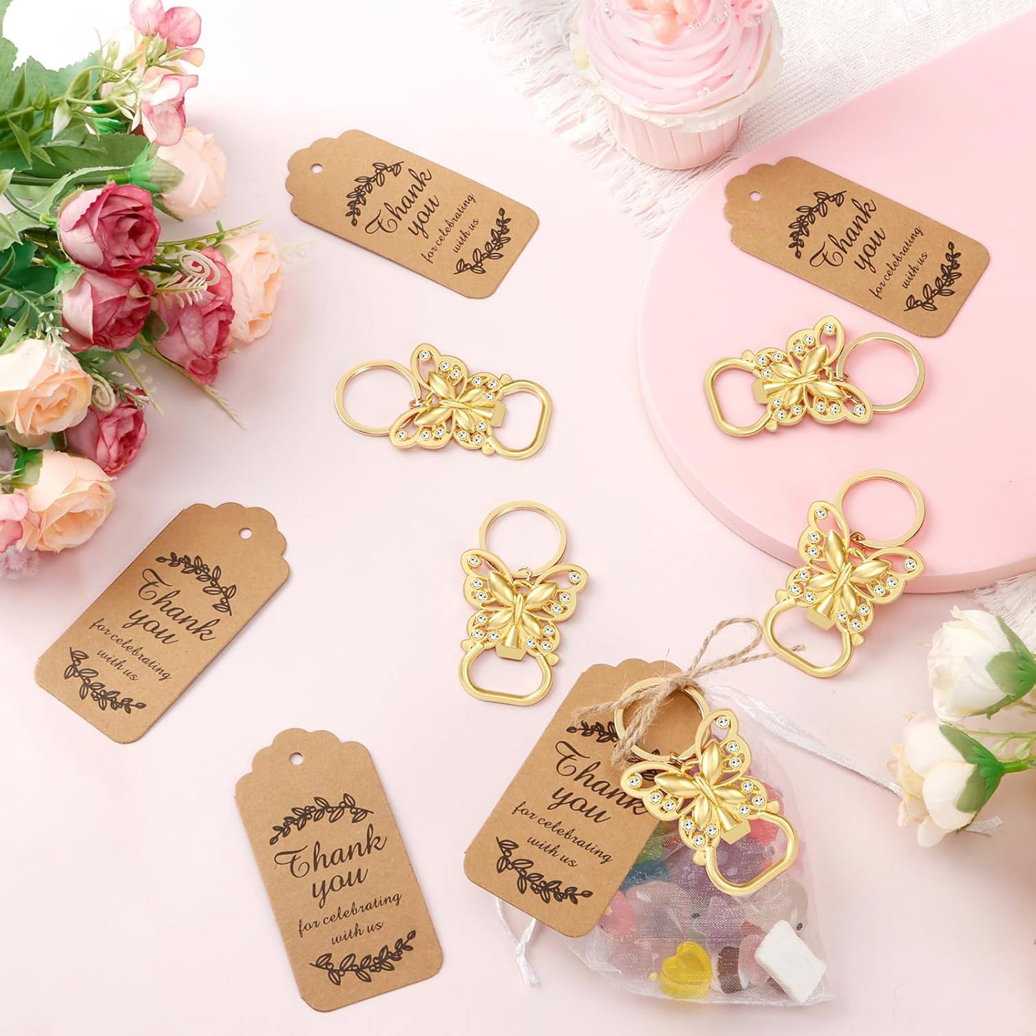 Schmetterlings-Flaschenöffner, Schlüsselanhänger, Geburtstag, Party, Gastgeschenke, Hochzeit, Brautparty, Babyparty, Souvenirs für Gäste, Gold-Bierflaschenöffner mit Dankeskarte, Taschen (50 Stück)