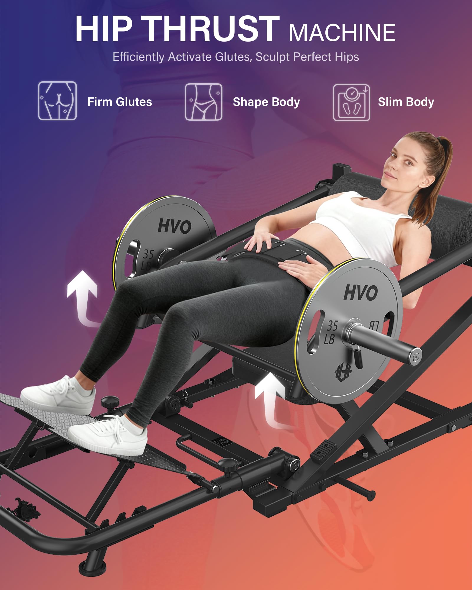 HVO Hip Thrust Gerät Glute Bridge Maschine für Zuhause Männer Frauen | 25/50 mm Langhantelscheiben Geeignet, Verstellbare Fußstütze, Verstellbarer Gürtel,Klappbar & Platzsparend,Mobil mit Rollen