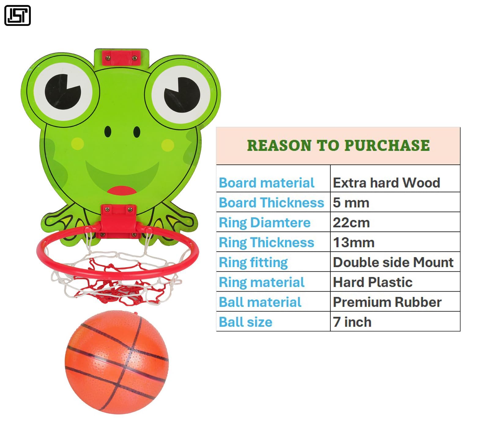 Asian Foldable Portable Frog Print Wooden Basketball for Kids (Green) - Image 6 thumbnail