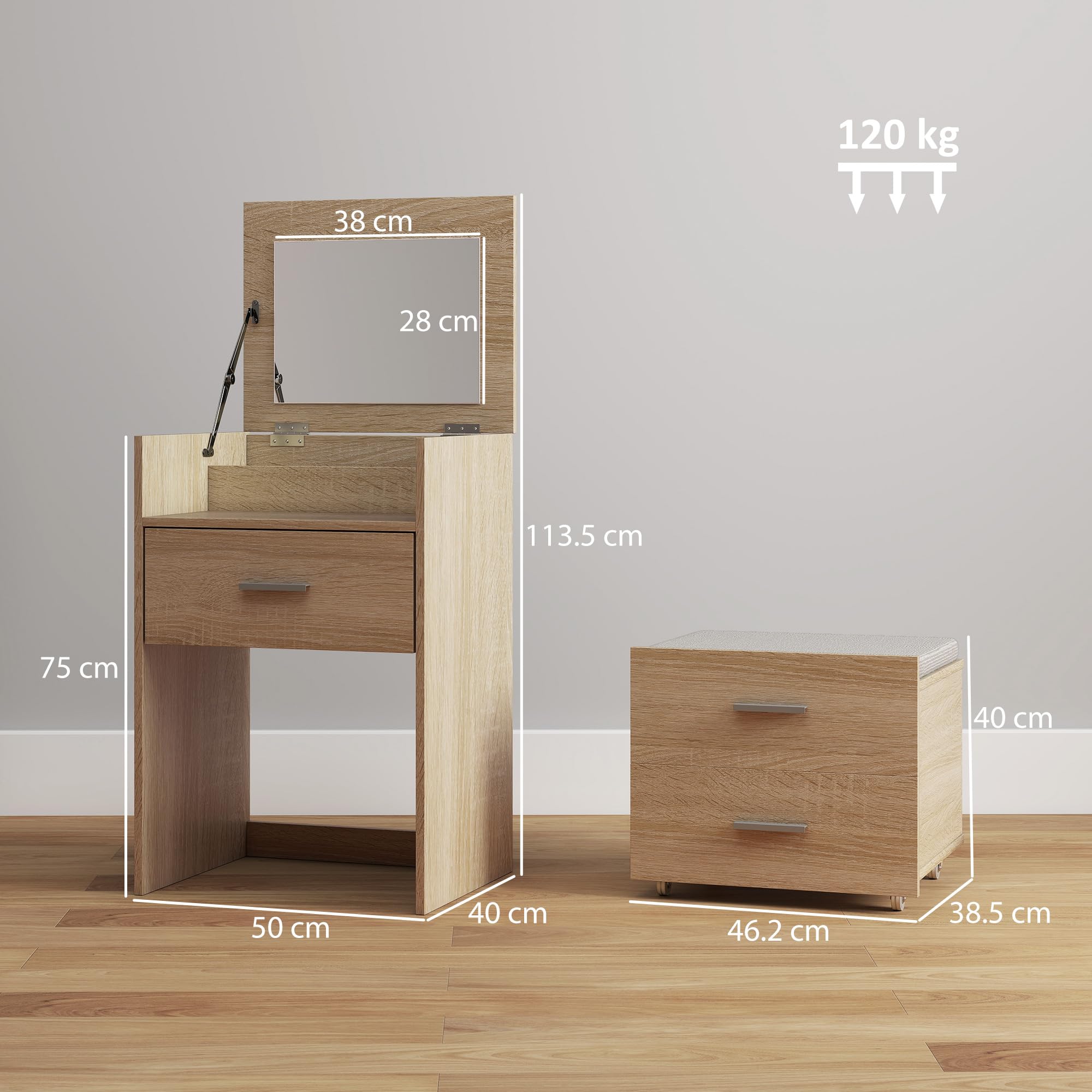 HOMCOM Postazione Trucco con Specchio a Ribalta, Sgabello a Scomparsa con Ruote, Toeletta Trucco con Sgabello, Cassetti, Cuscino in Effetto Lino Staccabile Lavabile, Scomparti, Salvaspazio, Naturale