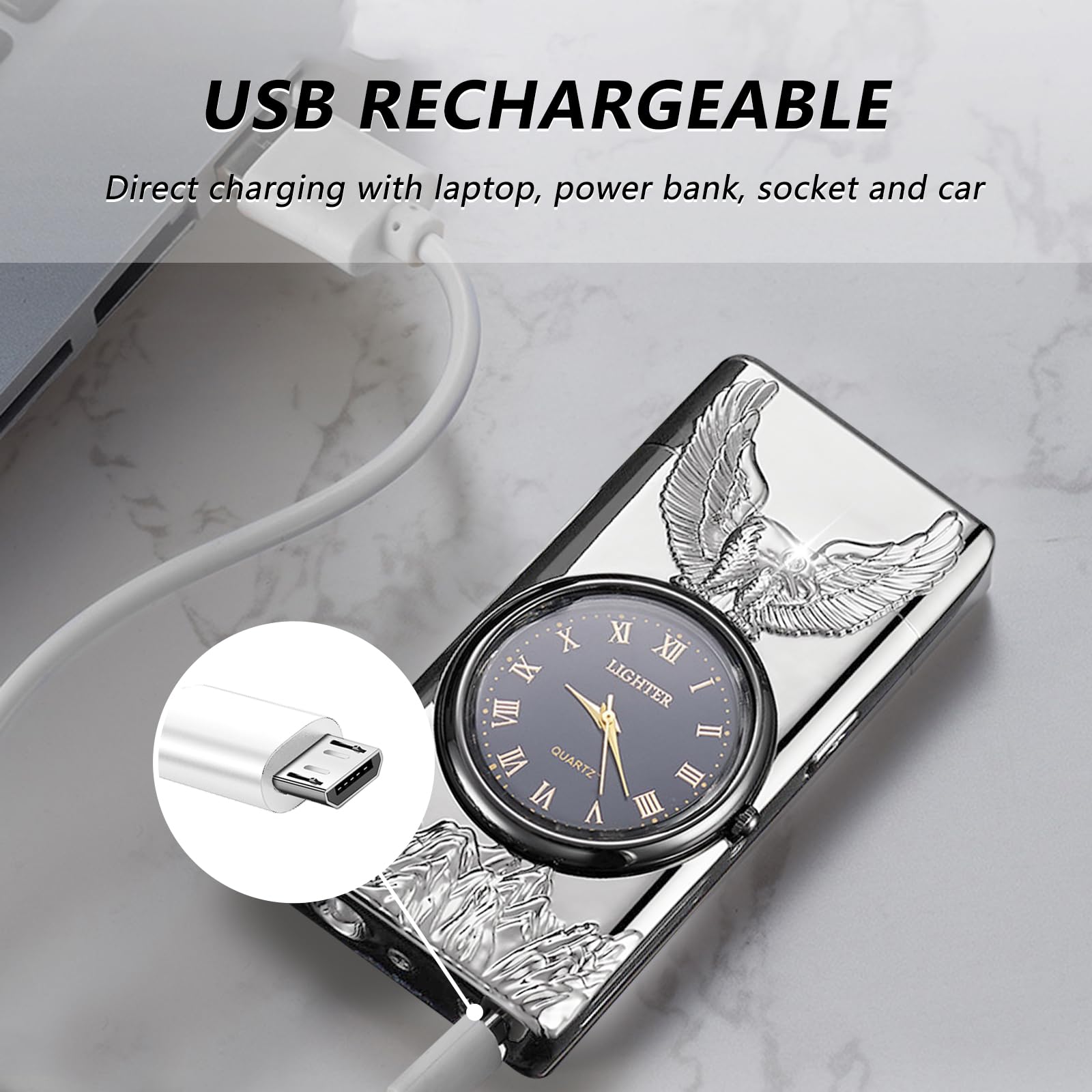 BABOBIU Briquet électrique rechargeable par USB - Coupe-vent - Sans flamme - Portable - Avec lampe de poche portable - Cadeau pour homme, petit ami, mari (argenté)