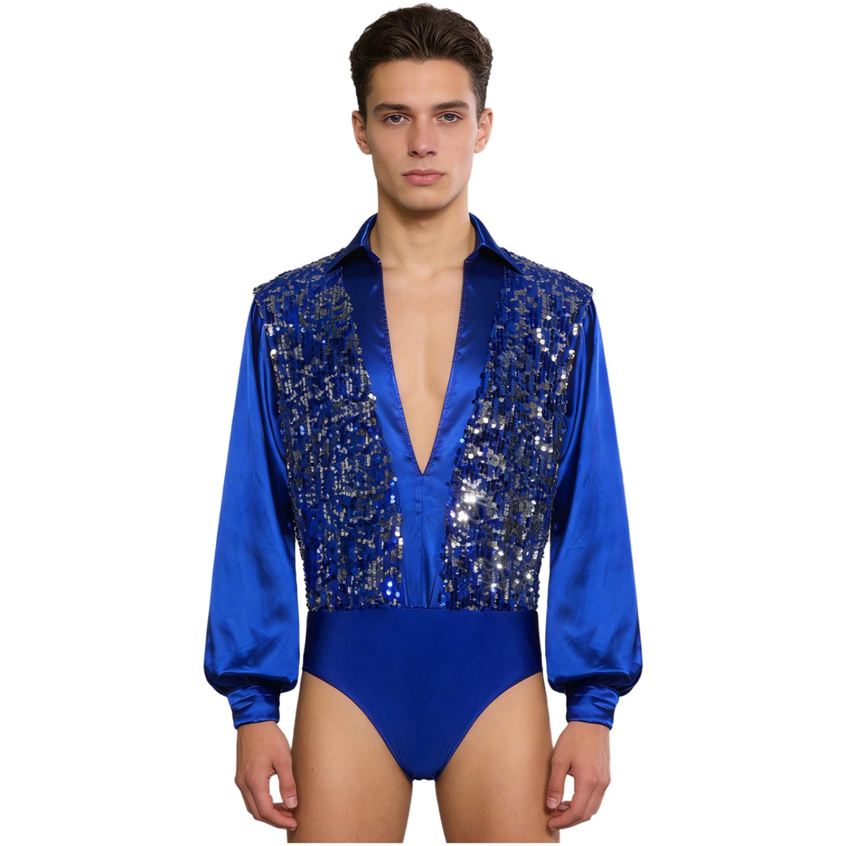 Herren Latein Tanzhemd Tanzbody Langarm Glitzer Oberteil Turnier Shirt Tanzanzug mit Pailletten Jazz Salsa Rumba Tanzkostüm