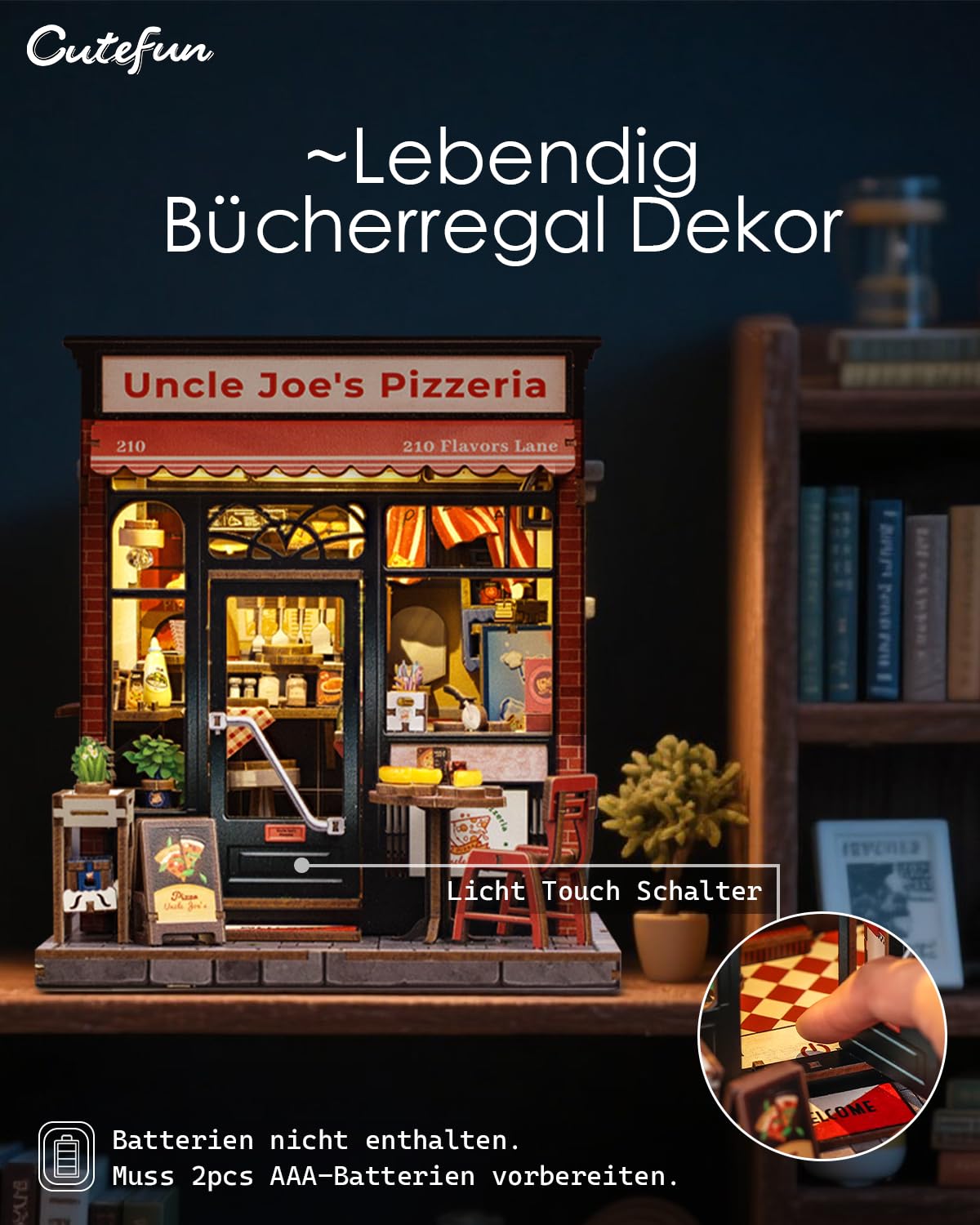 Cutefun Book Nook Kit - Set Case delle bambole con Illuminazione LED per Adulti & Adolescenti – Decorazione Creativa per Librerie, Esclusivo Pezzo da Collezione come Idea Regalo(Uncle Joe's Pizzeria)