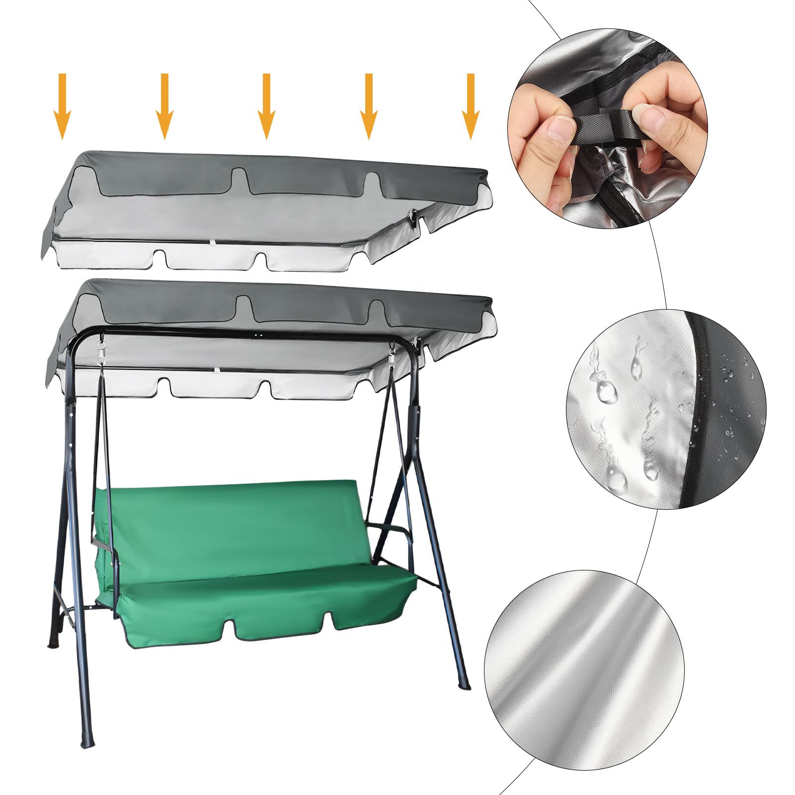 Vaskula Toile de Rechange pour Balancelle 210 x 145 x 18cm Gris épreuve étanche et UV Toit de Balancelle Swing de Jardin Toile 3 Places Protection Contre Le Vent Imperméable