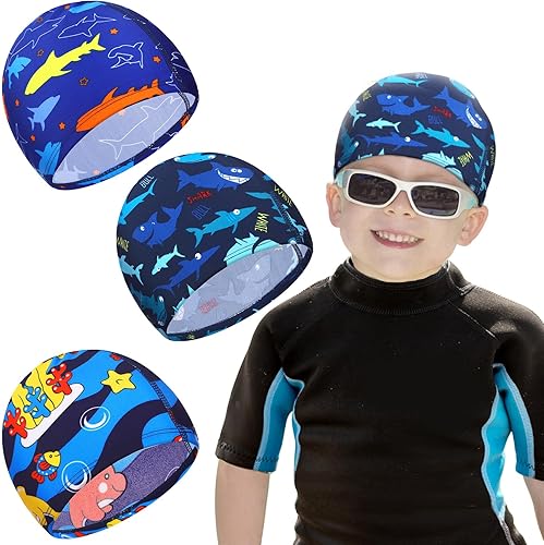Gorros de natación para niños, 3 piezas, tiburón, delfín, sombreros de natación, unisex, de poliéster, gorra de ducha para piscina, gorras de