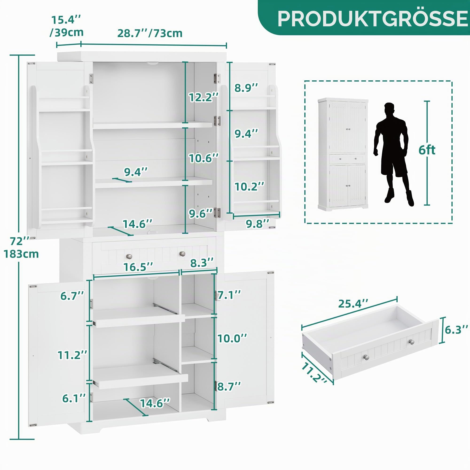 YITAHOME Küchenschrank, 182.5CM Hochschrank Küche Vorratsschrank, Buffetschrank mit Verstellbaren Ablagen, Esszimmerschrank mit Schubladen, für Wohnzimmer Küche