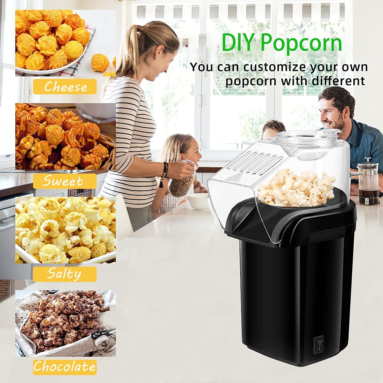 Macchina per Popcorn, Macchina per Popcorn, Macchina per Popcorn ad Aria Calda da 1200 W con misurini, gustosi Popcorn in Meno di 2 Minuti, Senza Olio, prelibatezze notturne al CIN