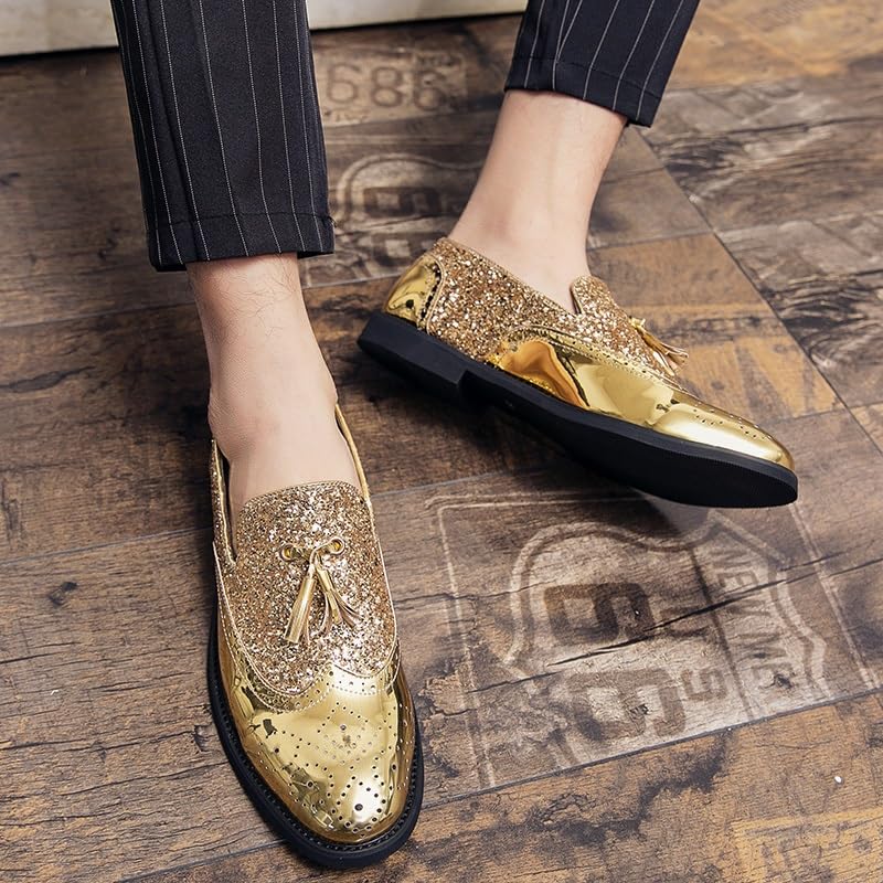 HOOENG Formal Shoes for Men Slip On Round Toe PU Leather Brogue Embossed Patchwork Tassel Non Slip Anti-Slip Block Heel Working(Color:Golden,Size:12)4