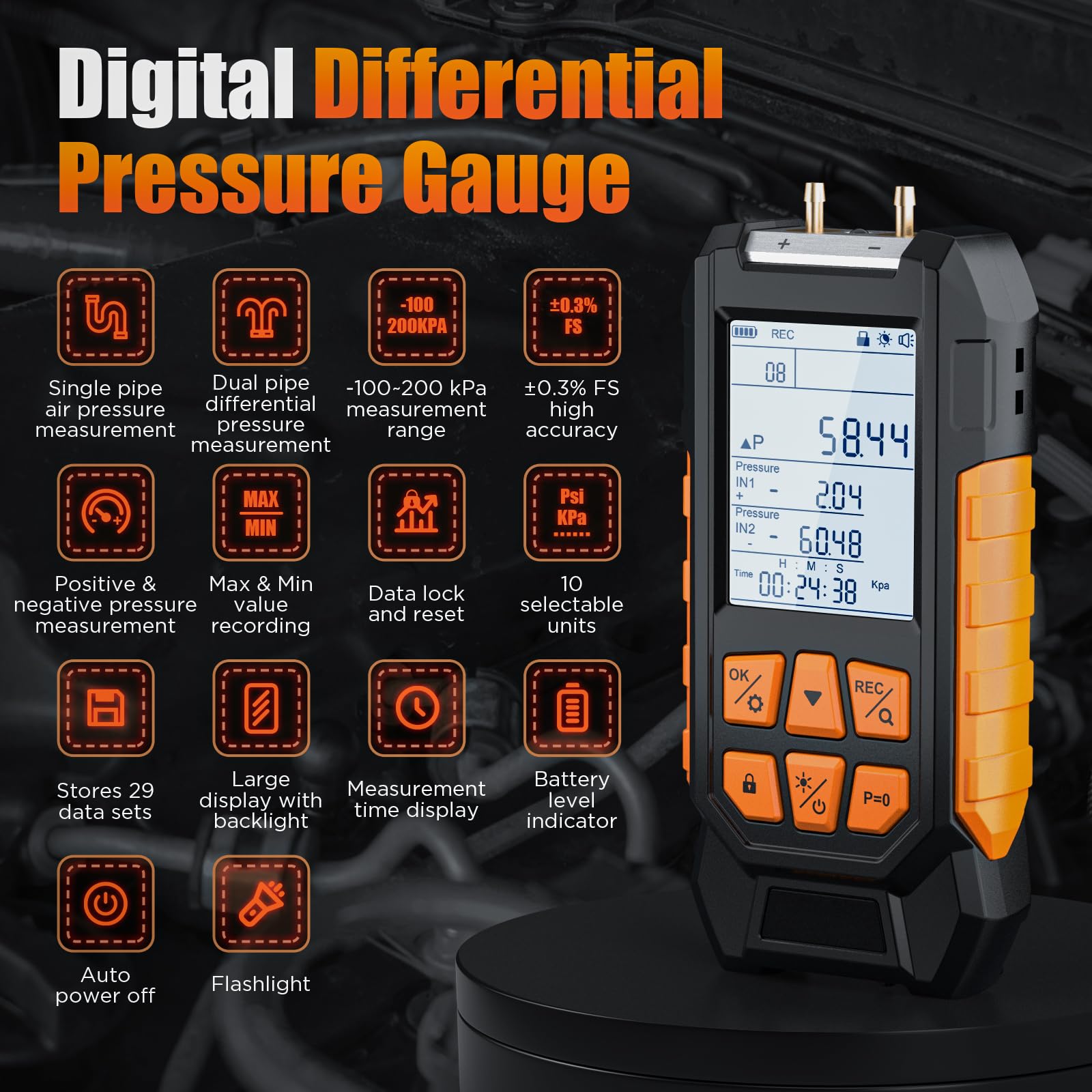 Vacuometro Digital, Manómetro Diferencial con Rango de Medición -100-200 kPa, Probador de Presión de Aire Gas Manómetro HVAC, 10 Unidades, Precisión ±0.3% FS