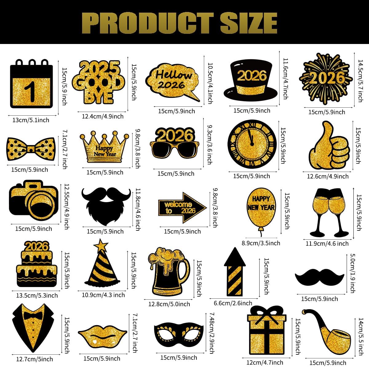 25 Pcs Happy New Year Photo Booth Props 2026, New Year Eve Grad Party Supplies Black Gold Funny Photobooth Props New Year Decorations - Image 2