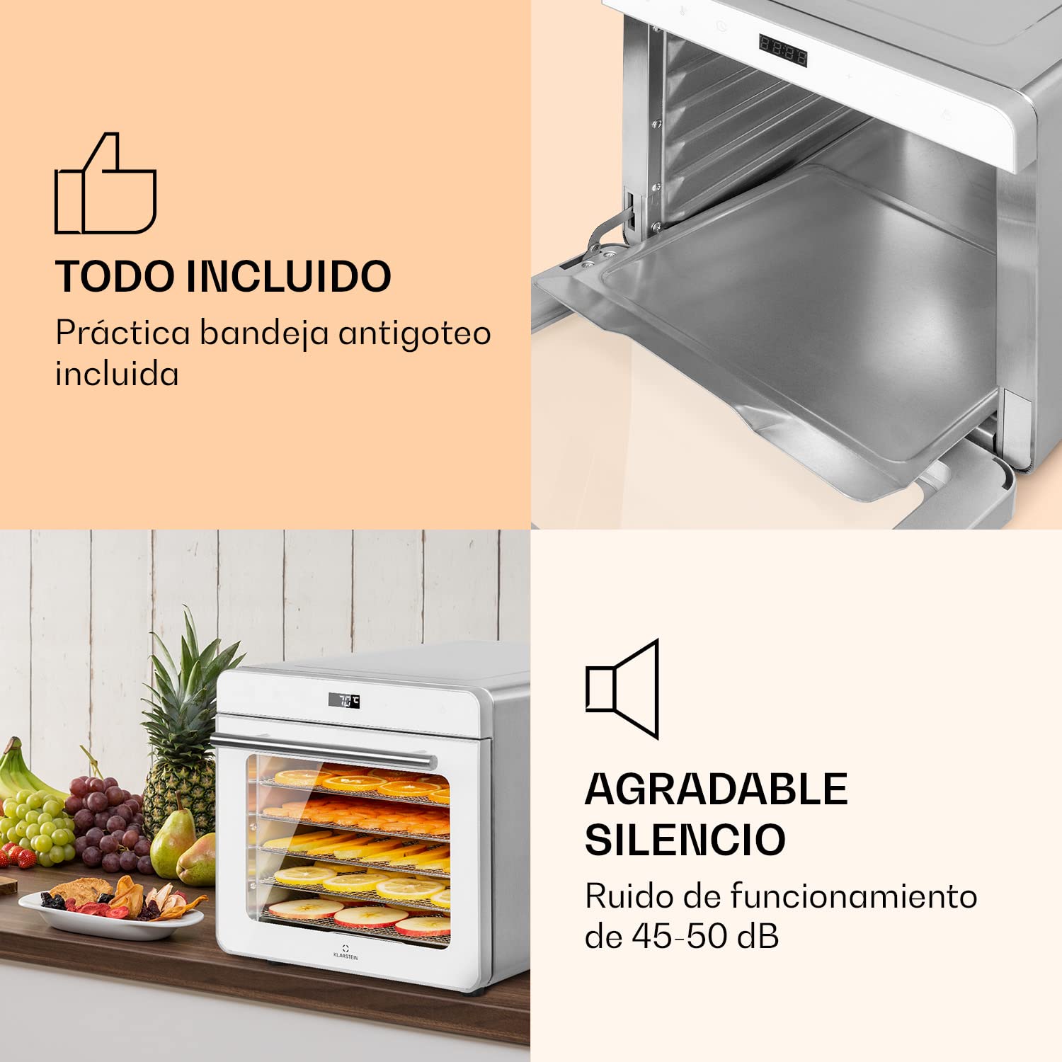 Klarstein Deshidratador de Alimentos, Deshidratadora de Frutas y Verduras 700W, 6 Rejillas, Temporizador 24 h., Deshidratadora de Alimentos para Comida Liofilizada, Liofilizadora, Control Táctil