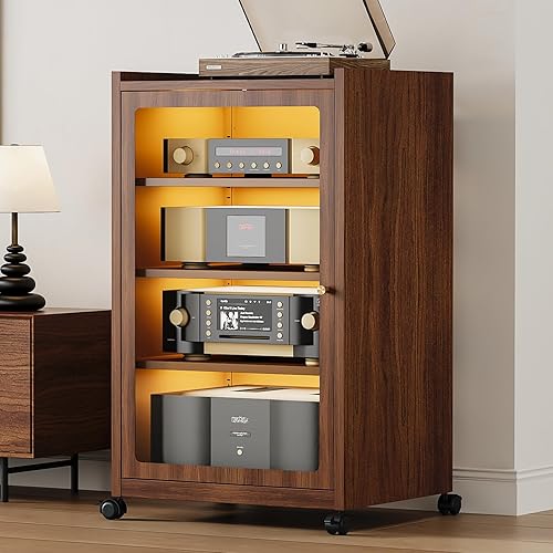 Media Cabinet with 13-Color LED Lights，Metal Stereo Cabinets with Glass Door & Adjustable Shelves, Media Storage Cabinet for Meeting, Living, Gaming, Recording Room, Brown