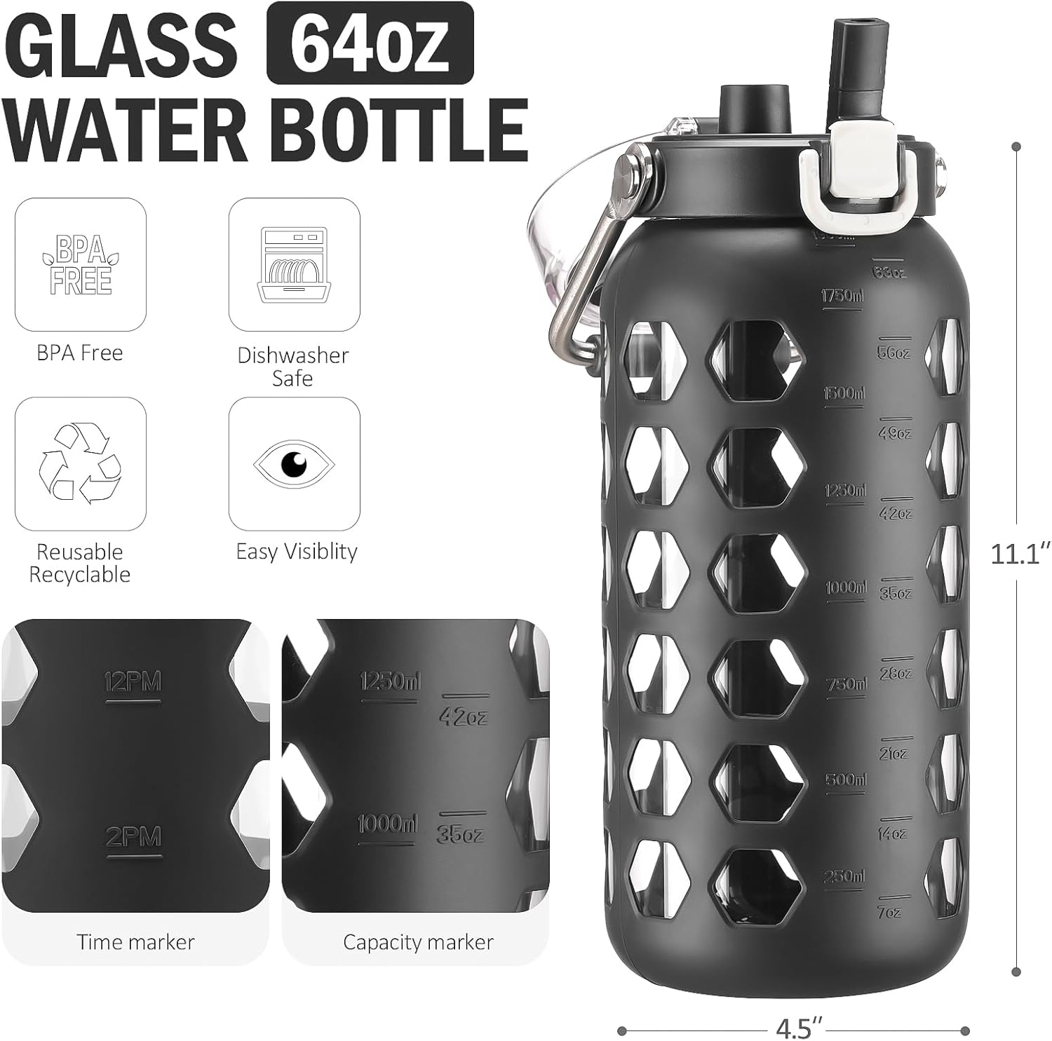 MUKOKO 64oz Glass Water Bottles with Straw and Lid,Half Gallon Water Bottle with Time Marker,Large Glass Water Jug with Silicone Sleeve and Stainless Steel Handle-Black - Image 3
