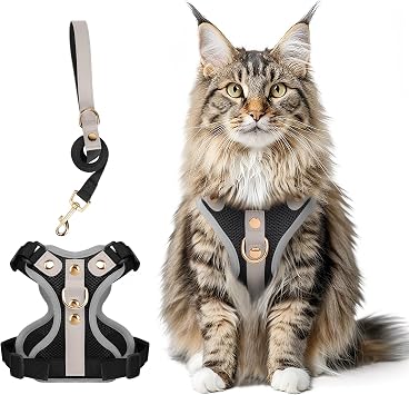 Escape Proof Cat Harness and Leash Set, Premium Microfiber Leather Trim, Adjustable Reflective Vest Harness for Cats, Breathable No-Pull Kitten Harness with Soft Mesh Black, L