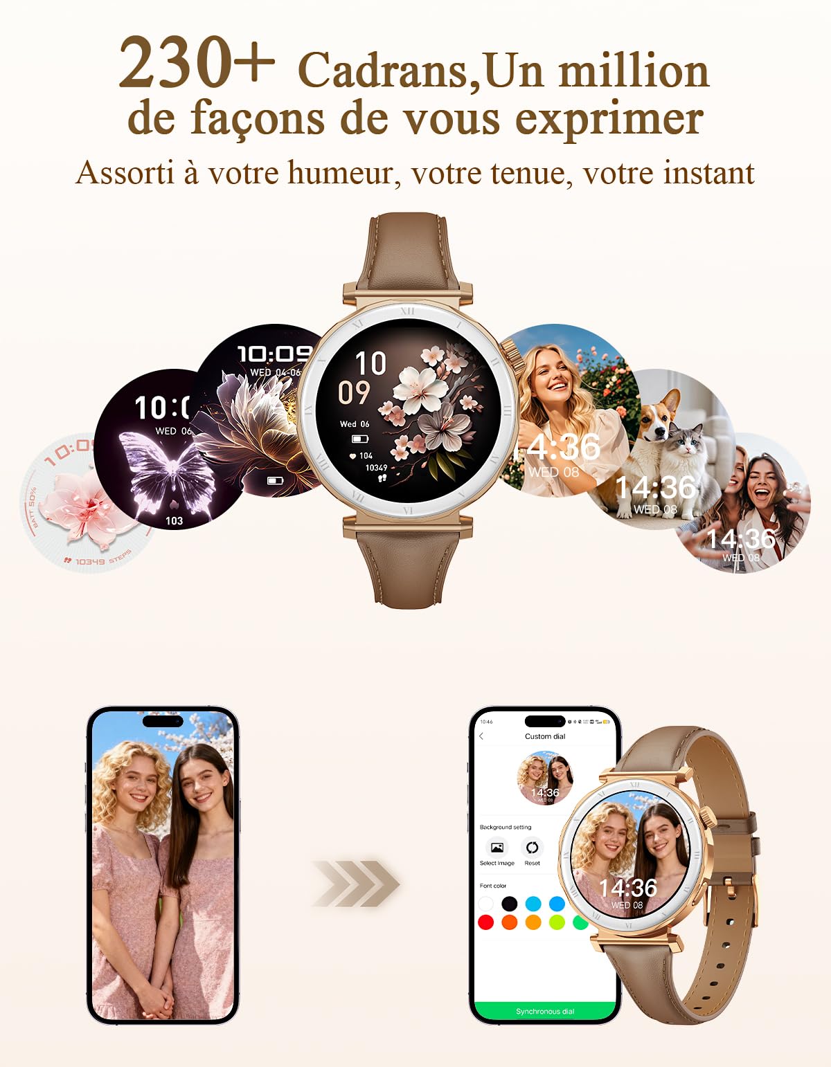 Montre Connectée Femme - Élégant Petit Poignet avec Écran AMOLED 1,19" Bracelet en Cuir Fin, Smartwatch avec Podometre, Cardiofrequencemetre/SpO2/Sommeil pour iOS/Android, Or Rose/Marron