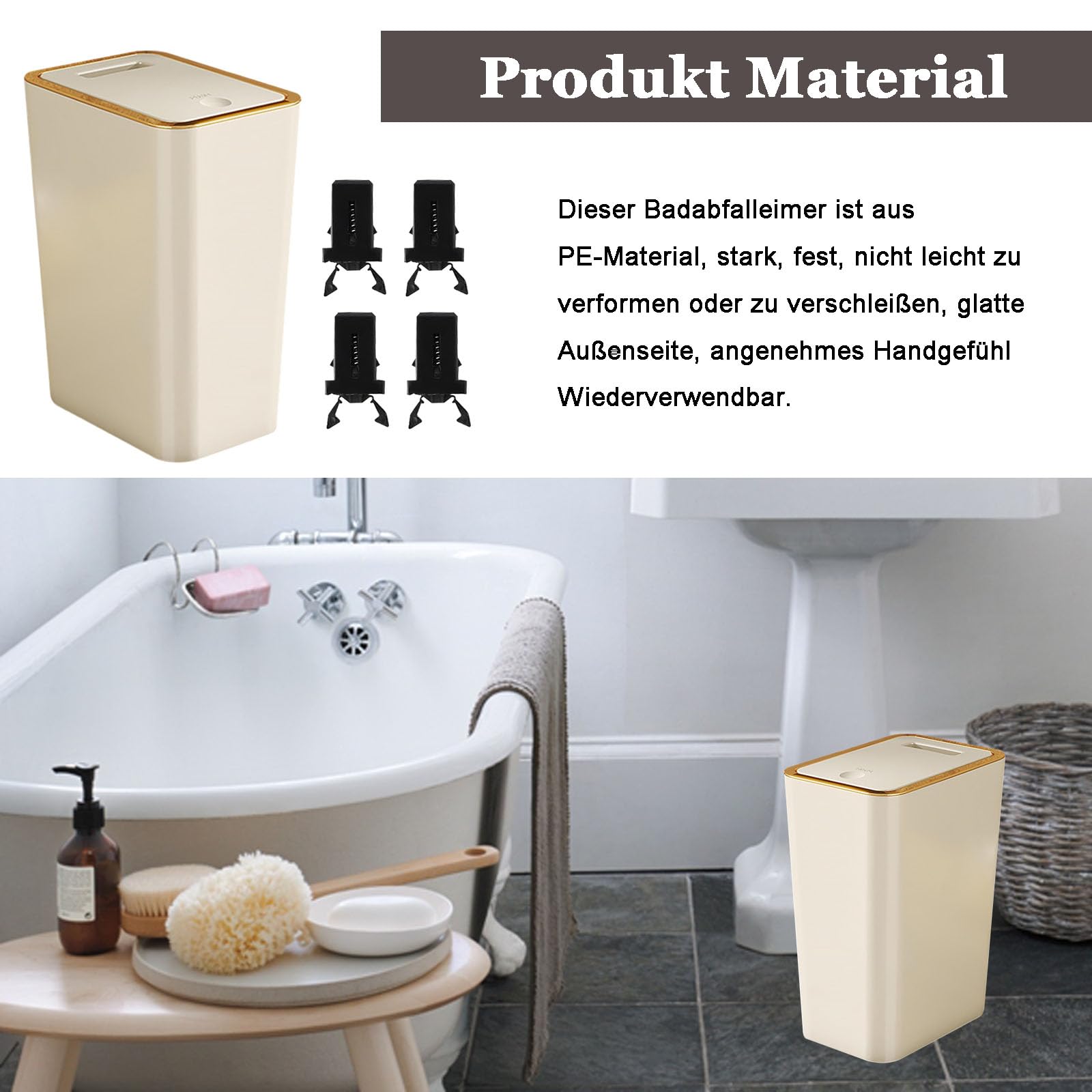 Contenedor de Basura con Tapa, 10L Contenedor de Basura con Tapa Abatible a Presión, Bote de Papelera para Baño con 4 Mosquetones, Bote de Cuadrado Familiar Papeleras, para Cocina, Oficina(Crema)