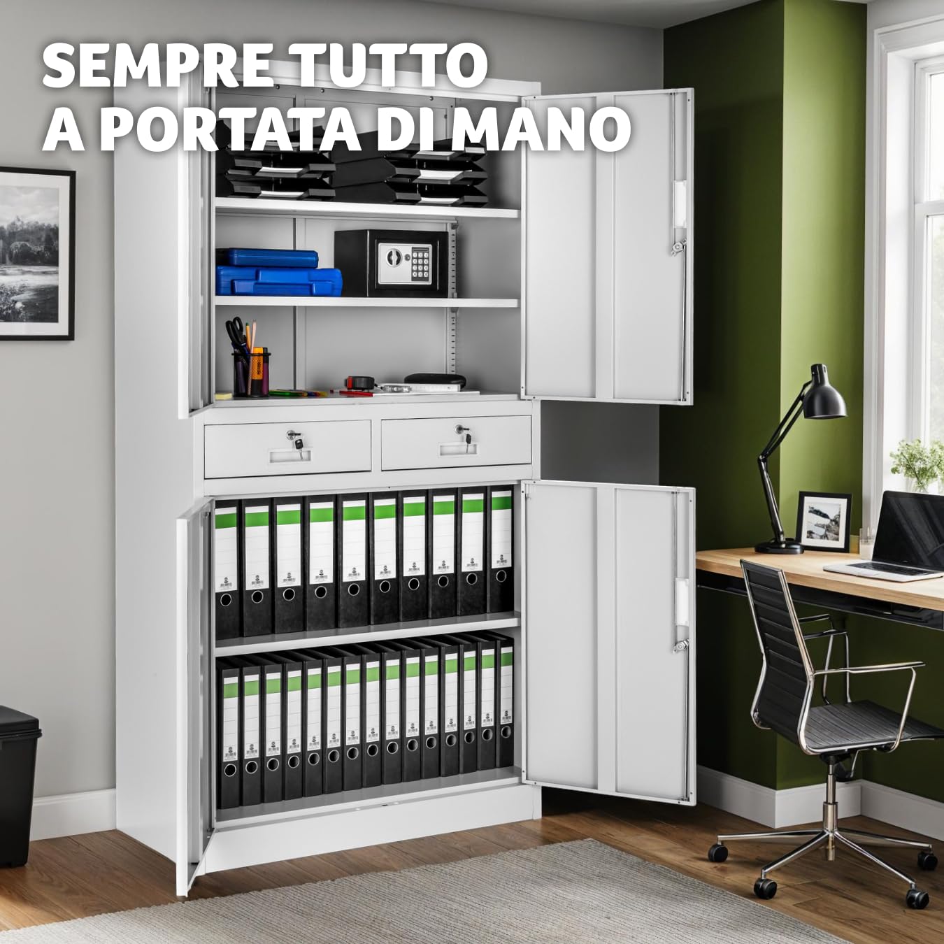 tectake® Armadio Portadocumenti 180x80x40cm, 5 Scomparti e 2 Cassetti, Armadio con Ripiani Regolabili, Ante a Battenti Rinforzate, Chiusura con Serratura a Cilindro - Grigio Chiaro