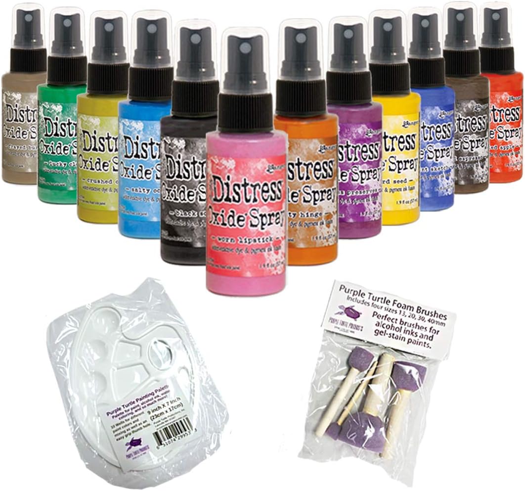 Purple Turtle Products Spray, 12 Bottle Set with Spring 2019 Colors Distress Oxide Ink, Including Bonus Mixing Tray and Foam Paint Dobbers