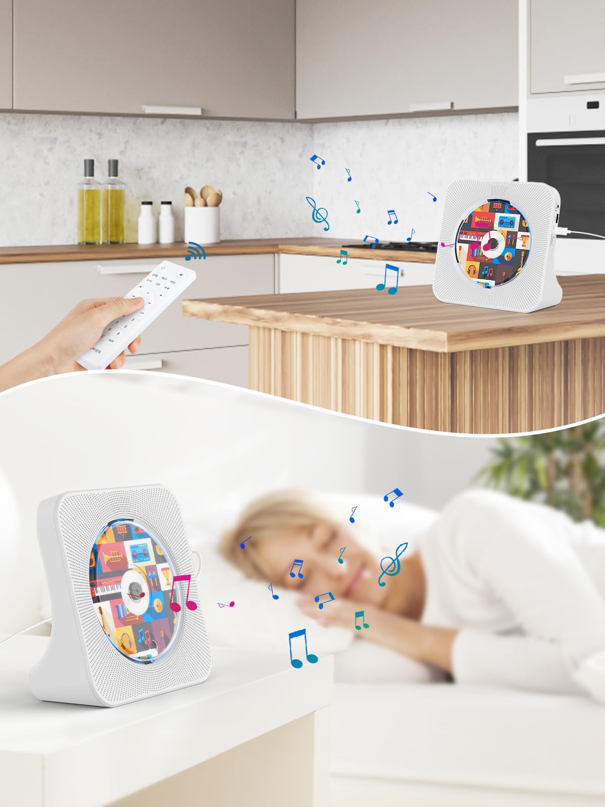 Gueray Lettore CD Bluetooth da tavolo con Altoparlante e Radio Bianco | Lettori CD audio con Copertura Antipolvere, Telecomando Riproduzione USB e AUX
