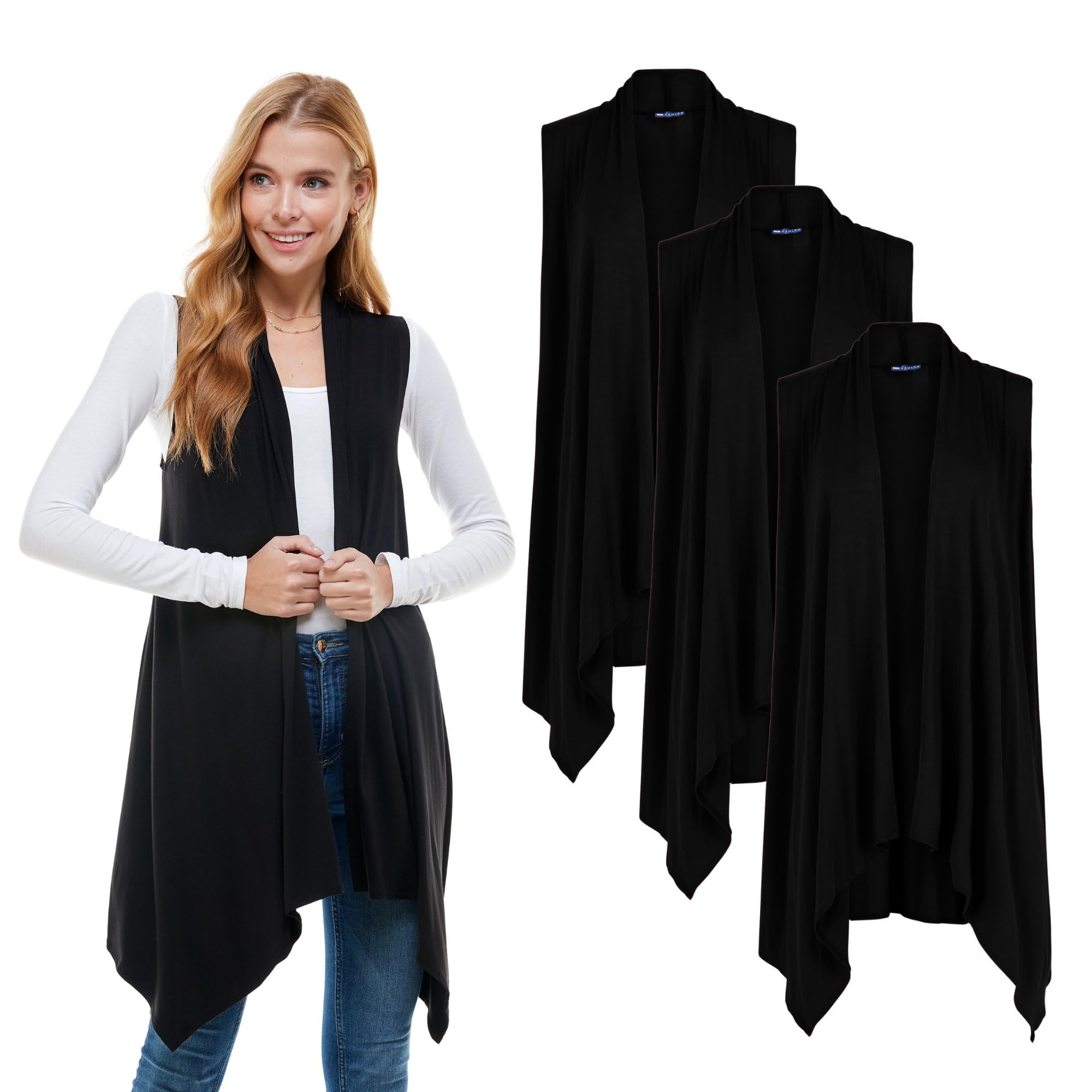 Azules Sleeveless Cardigan for Women, Soft Lightweight Duster Open Front Sleeveless Long Cardigan Vest (3 Pack)