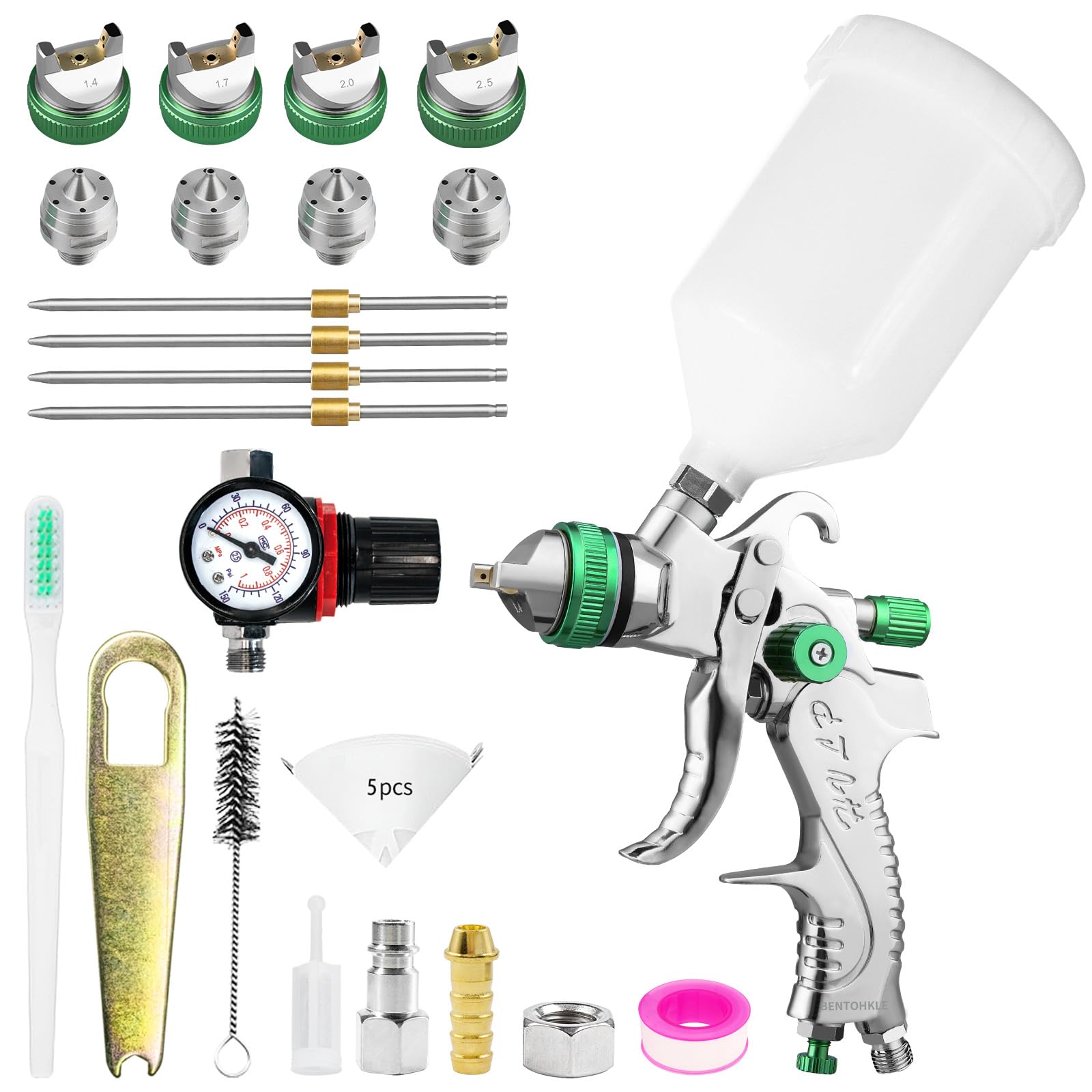 Pistola A Spruzzo HVLP H-827P Per Verniciare – 3 Ugelli In Acciaio Inox (1,4 – 1,7 – 2,0 Mm) E Tazza Da 600 Ml, Regolazione Flusso E Pressione