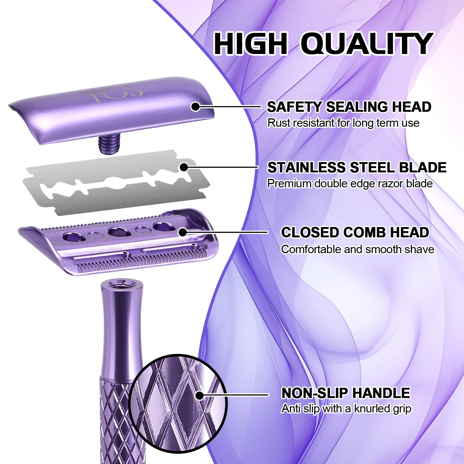 Maquinilla de afeitar de seguridad de doble filo para mujer, color morado con 10 cuchillas y cubierta de silicona, maquinilla de afeitar de seguridad de una sola hoja de metal