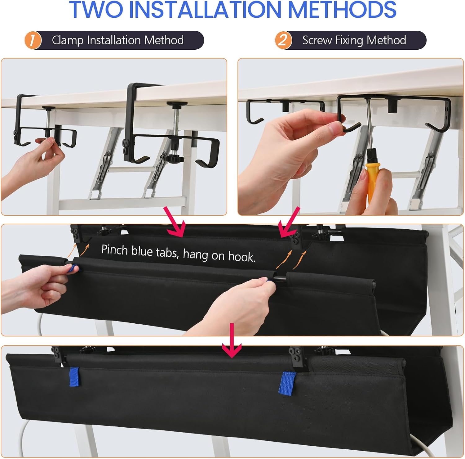 28" Under Desk Cable Management Tray- Clamp/Screw Mount Desk Cable Organizer Cable Tray Hiders for Office&Home