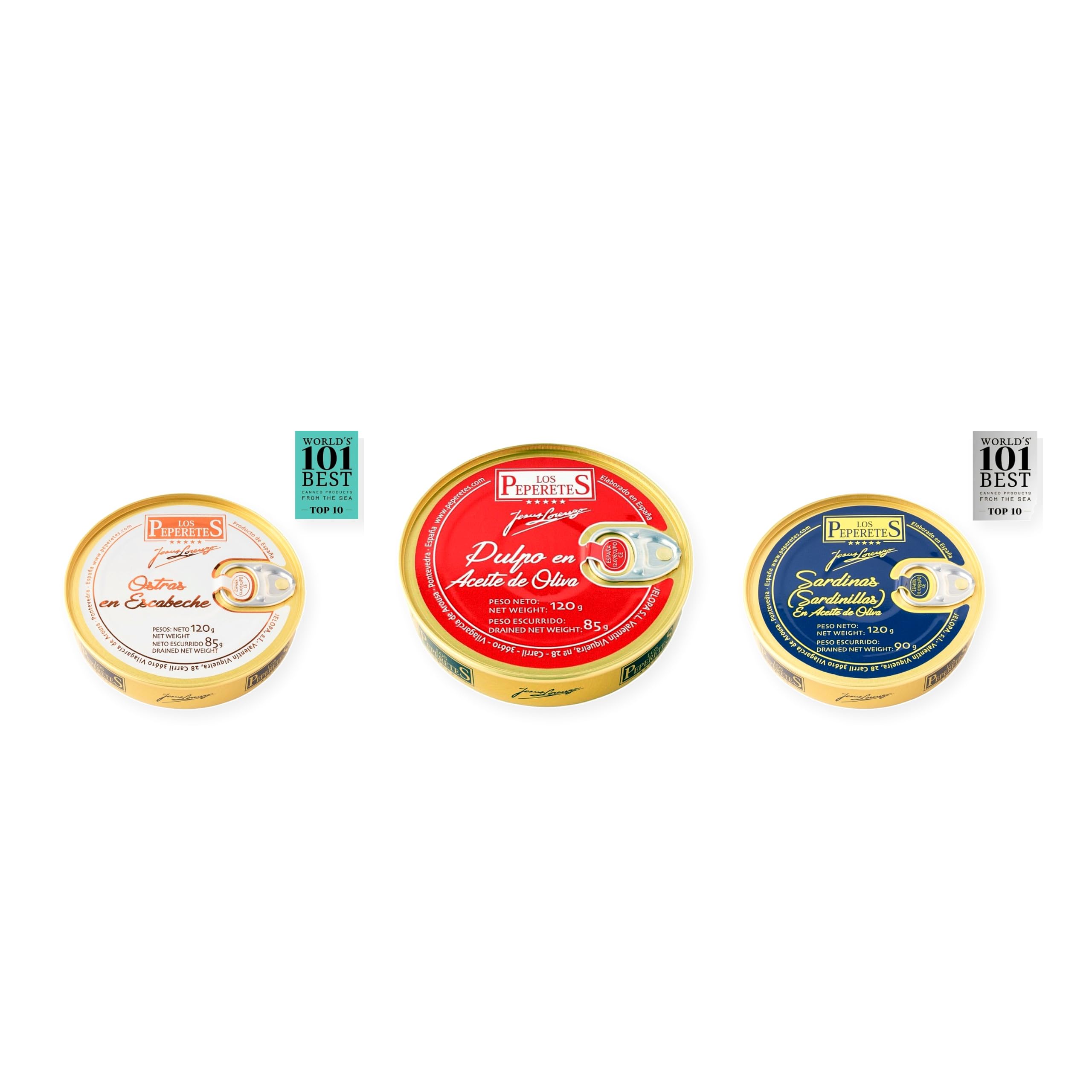 los peperetes conservas Ostras Escabeche, Pulpo Aceite Oliva y Sardinillas Aceite Oliva pack 3 latas