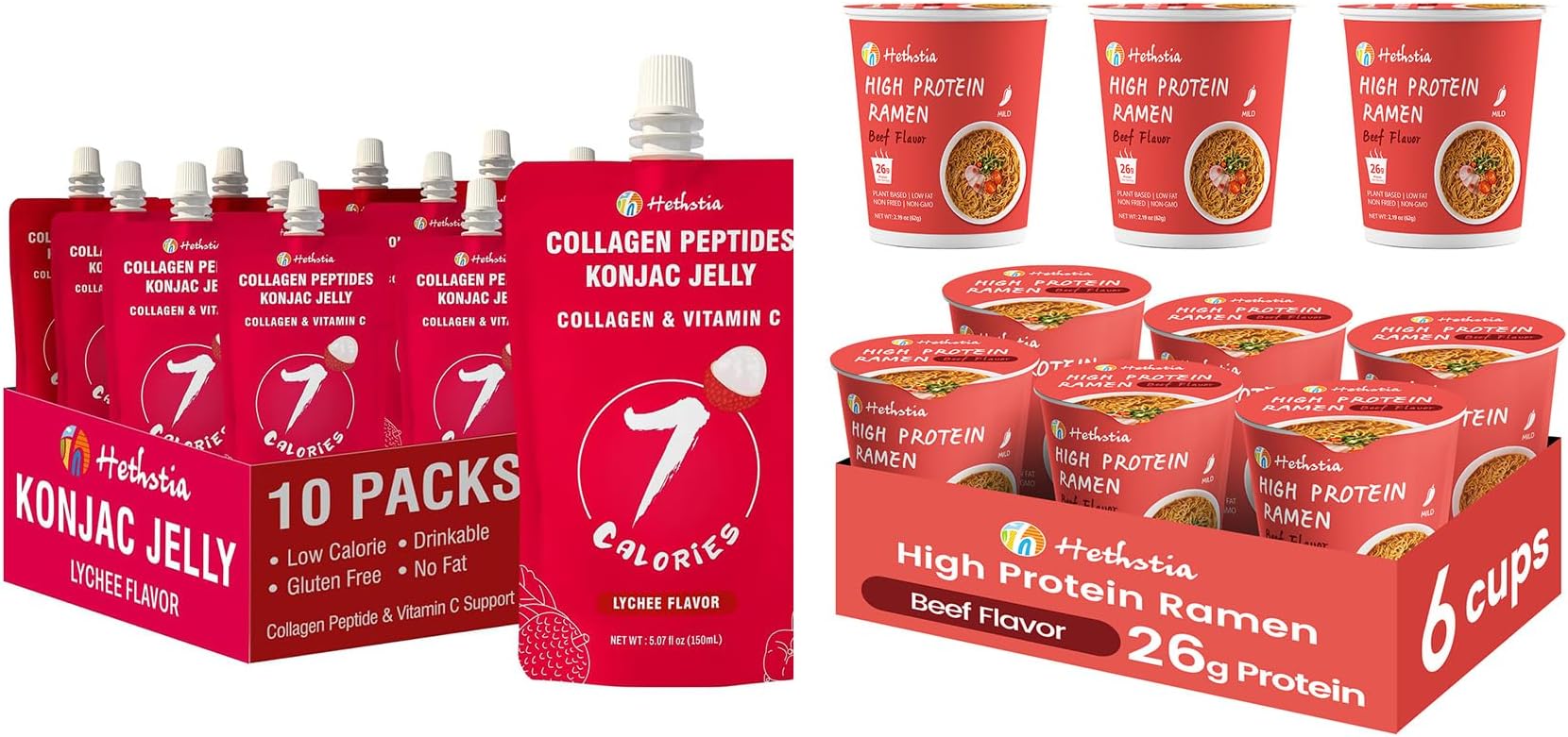 Hethstia Lychee Konjac Jelly Drinkable Pouch 10 Pack + Hethstia High Protein (26g) Ramen Cup Noodles 6 Count, Sugar Free Fruit Snack with Plant-Based Vegan Instant Noodle, Low Sugar Low Fat