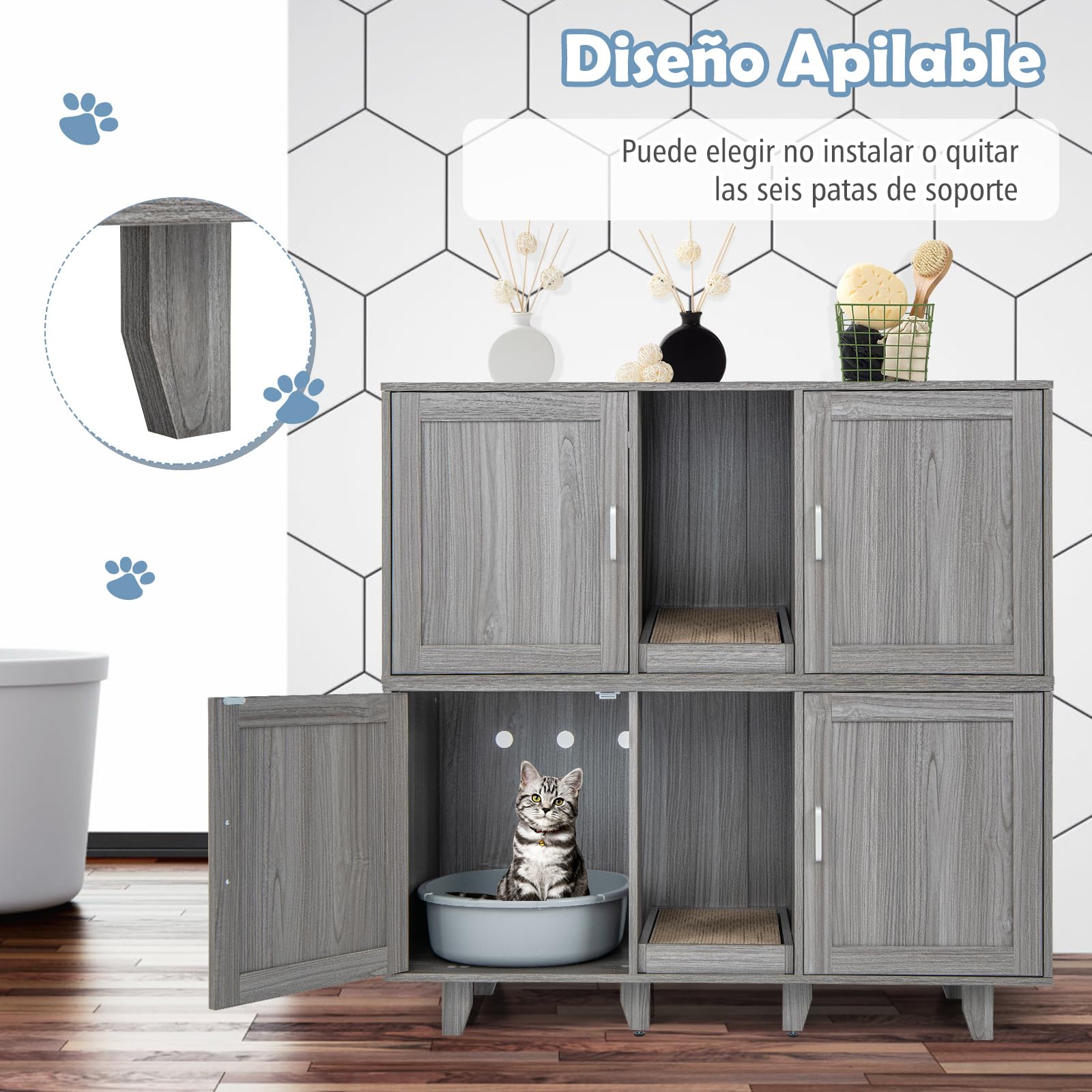 COSTWAY Cajas de Arena para Gatos, Casa de Baño Oculto para Mascota con 2 Puertas, Arenero Cubierto con Entrada Sinuosa y Tablero Rascador, Mesa Auxiliar para Gatos 120 x 52 x 65 cm (Gris Oscuro)
