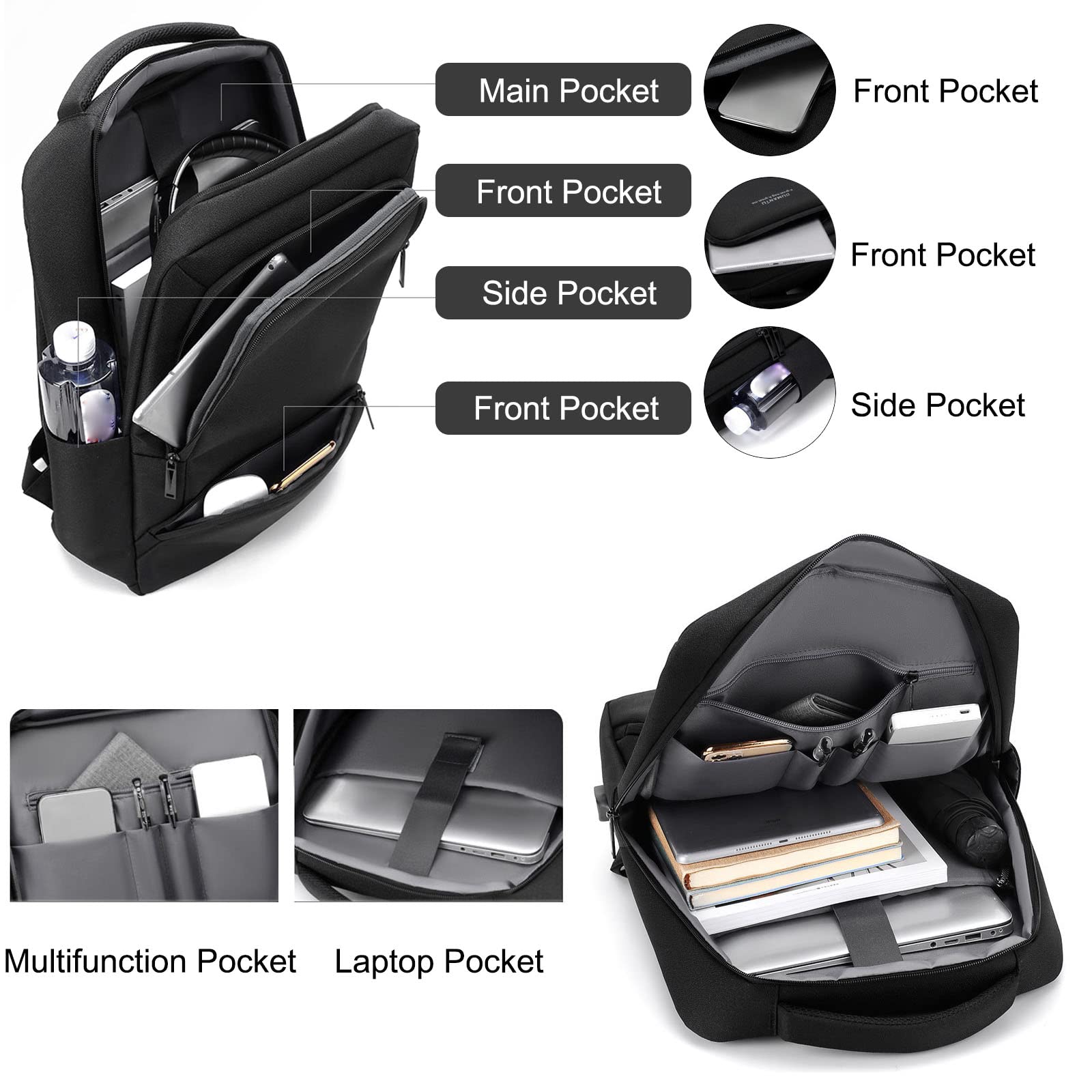 FANDARE Herren Rucksack Laptop Daypacks für 15,6 Zoll Laptop Wasserdicht Schulrucksack mit USB-Ladeanschluss Rucksäcke zum Business Arbeit Reise Schulranzen Daypacks Schwarz