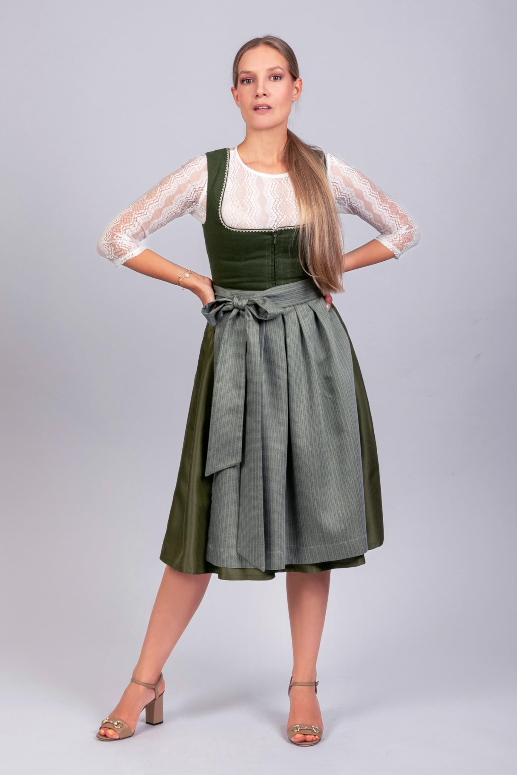 Edelnice Trachtenmode Midi Dirndl Anni aus Leinen Grün inkl. Dirndlschürze Gr. 32-54