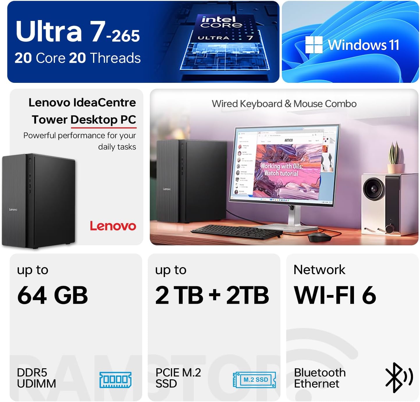 Lenovo 2026 IdeaCentre Secure & Productive Business Tower Desktop, Ultra 7 265, 32GB DDR5 RAM, 2TB SSD, Wi-Fi 6, HDMI, Win 11 Pro, Wired Keyboard & Mouse, Bundle with ADATA 64GB USB Flash Drive
