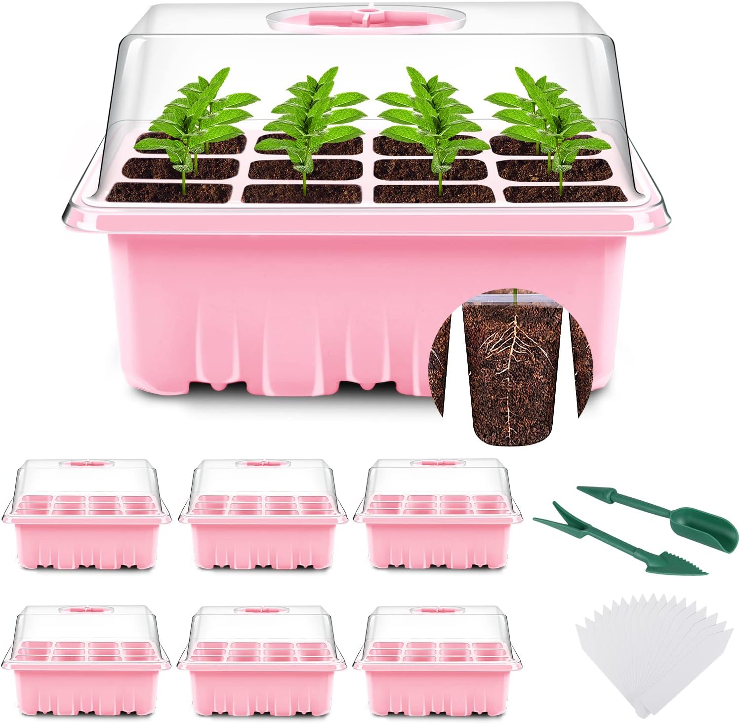 YAUNGEL Seed Trays, 6 Pack 72 Cells Propagator Growing Thicken Seedling Starter Growing Trays with Clear Lids/Adjustable Window for Greenhouse & Gardens, Pink