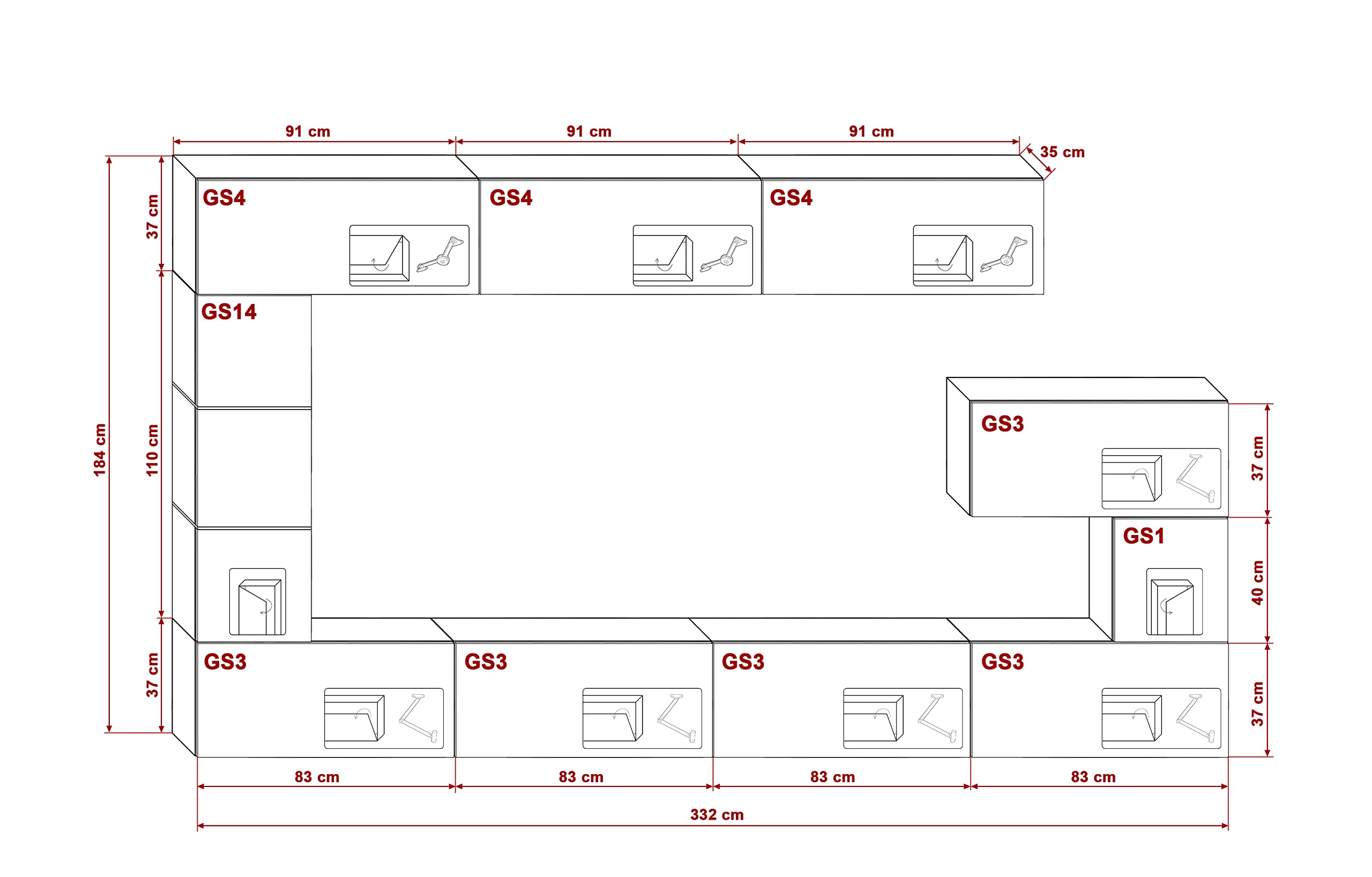 Furnitech Wohnwand Wohnzimmer - Möbel mit LED Weiß - Hängend Wohnwand Modern - Schrankwand mit Regale und TV Schrank (AN89NEW-21WDZ-HGM22)