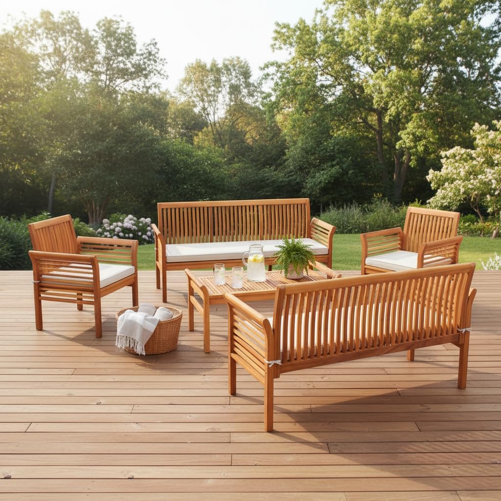 Tangkula 5 Pieces Acacia Wood Patio Furniture Set, Wood Outdoor Conversation Set with 3-Seat Bench, Loveseat, 2 Armchairs & Coffee Table, Cushioned Outdoor Sofa Set for Poolside, Porch, Balcony