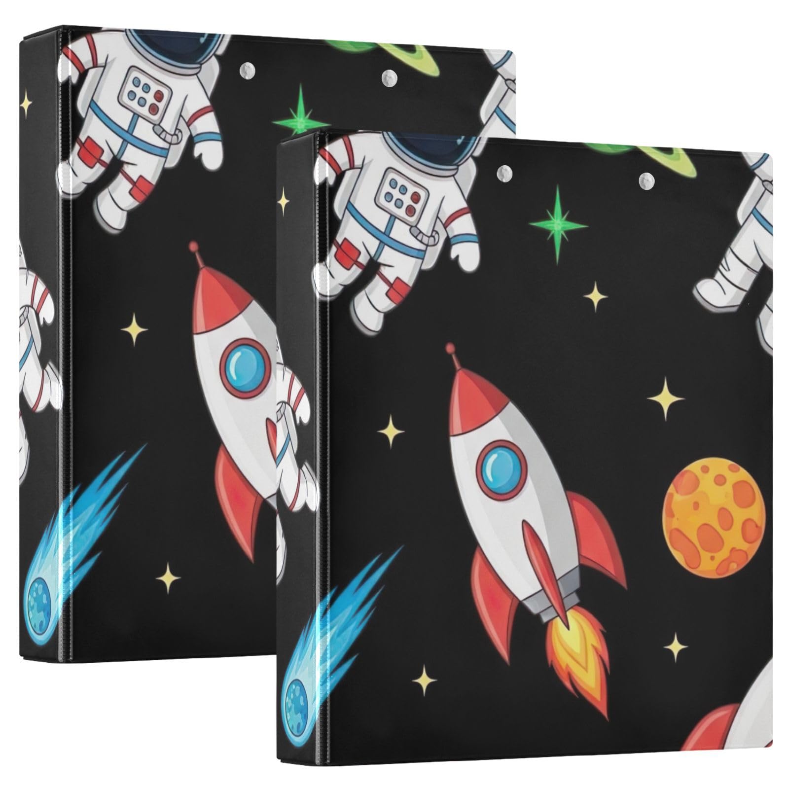 Space Astronaut Rockets Black Three Ring Binder 1.5 Inch, Flexible D Ring Binder with Pockets, 3 Ring Binders for School, College, Office
