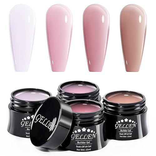 Gellen Kit de gel constructor  Kit de extensión de uñas 4 colores nude, rosa bebé, desnudo, morado, rosa, marrón, endurecedor de uñas de gel duro,