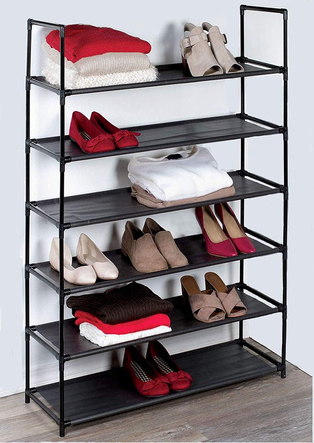 J&V TEXTILES Stackable Shoe Storage and Organizer Racks 4-Tier 6-Tier Over The Door or Stackable (Black 6-Tier)