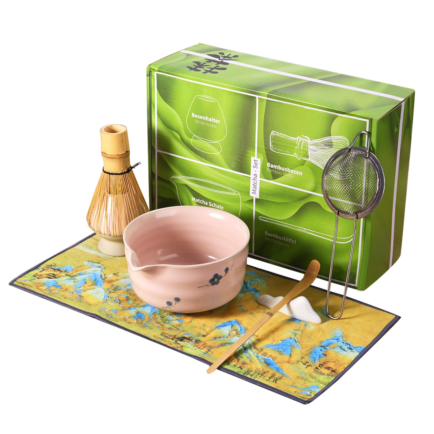 Matcha Whisk Set 7 in 1 Matcha Tea kit Bamboo Matcha Whisk Spoon holder Chasen Stainless Steel Matcha Sifter Bowl with Eagle Beak Design Tea Towel (PINK with FLOWER)