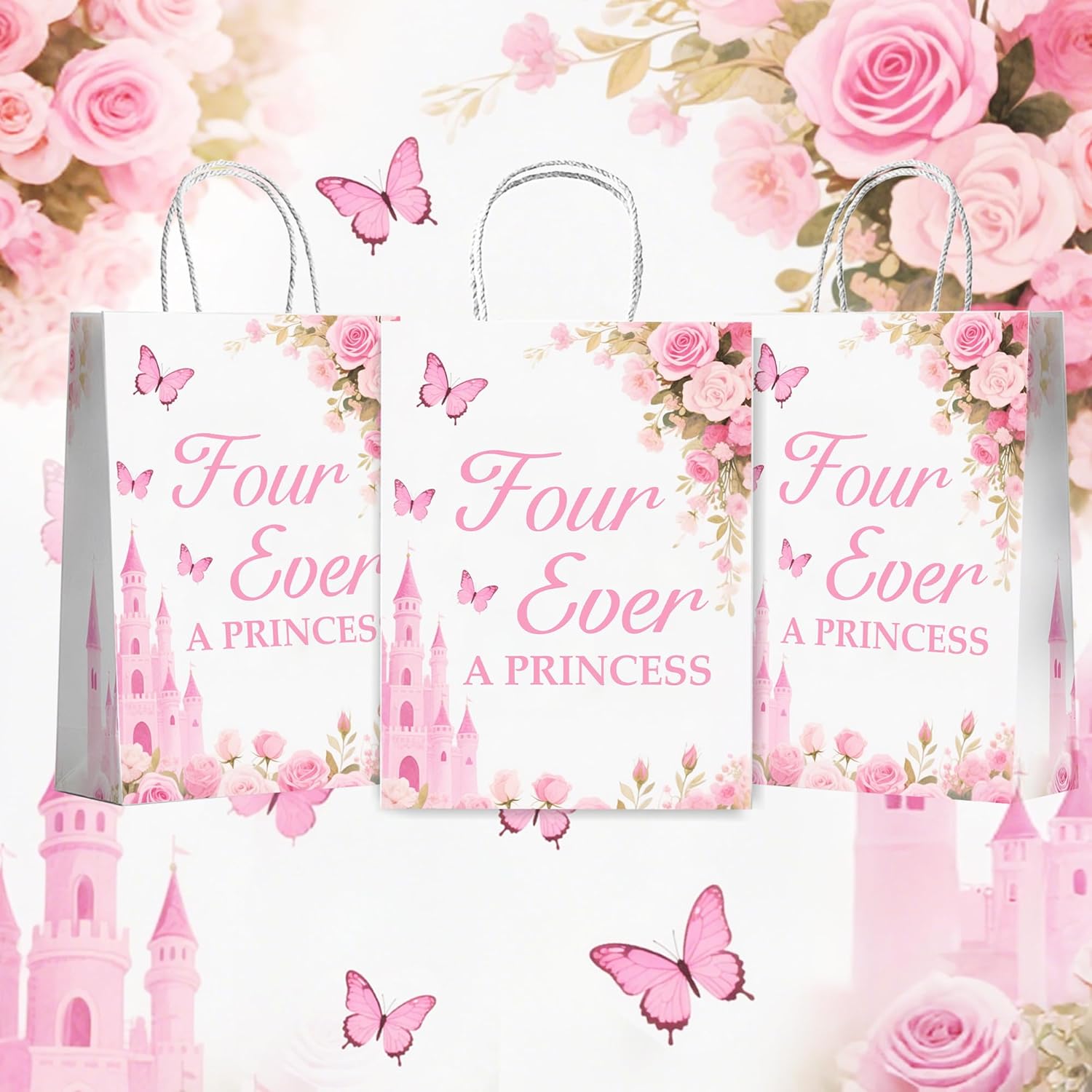 SJcysrilla 20PCS Four Ever A Princess Goodie Bags Princess Themed 4th Birthday Party Decorations Treat Bags with Handles Castle Themed 4 Years Old Birthday Party Supplies - Image 3